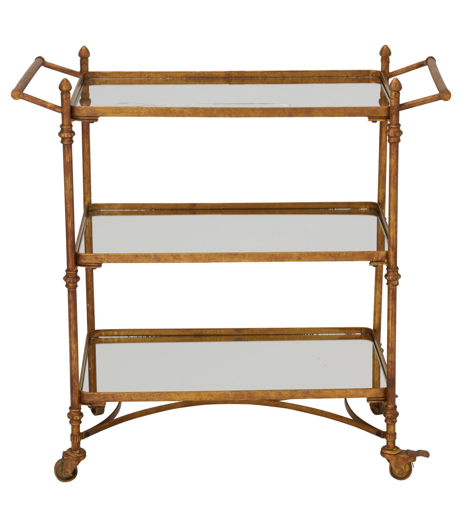 Brass Metal Rolling 3 Shelf Home Bar Cart with Handles