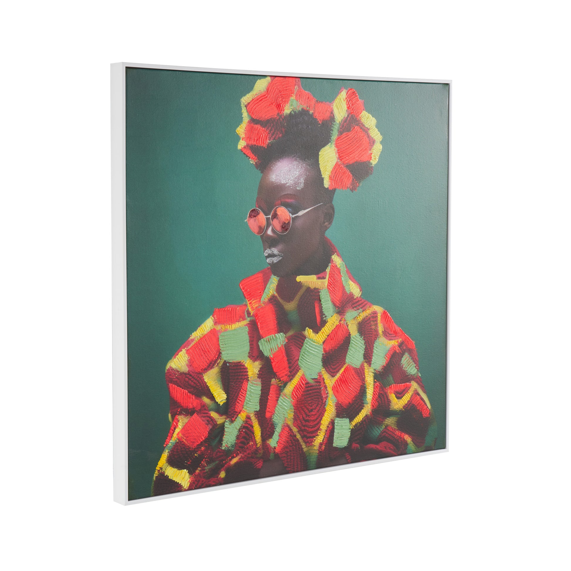 Woman Green Canvas Chic Living Room Framed Wall Art with Red and Yellow Dresswear