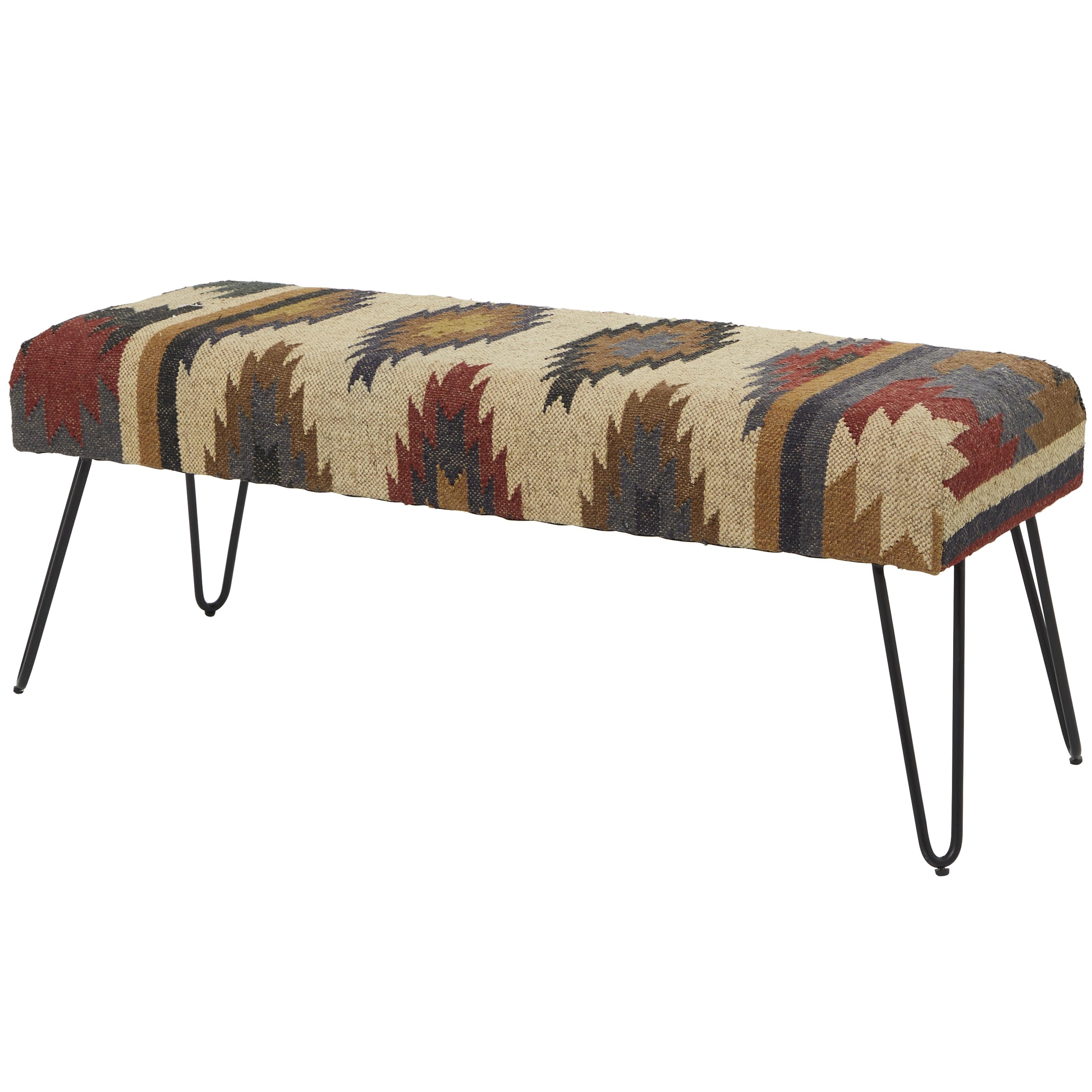 Tribal Cotton Fabric Home Bench with Metal Hairpin Legs