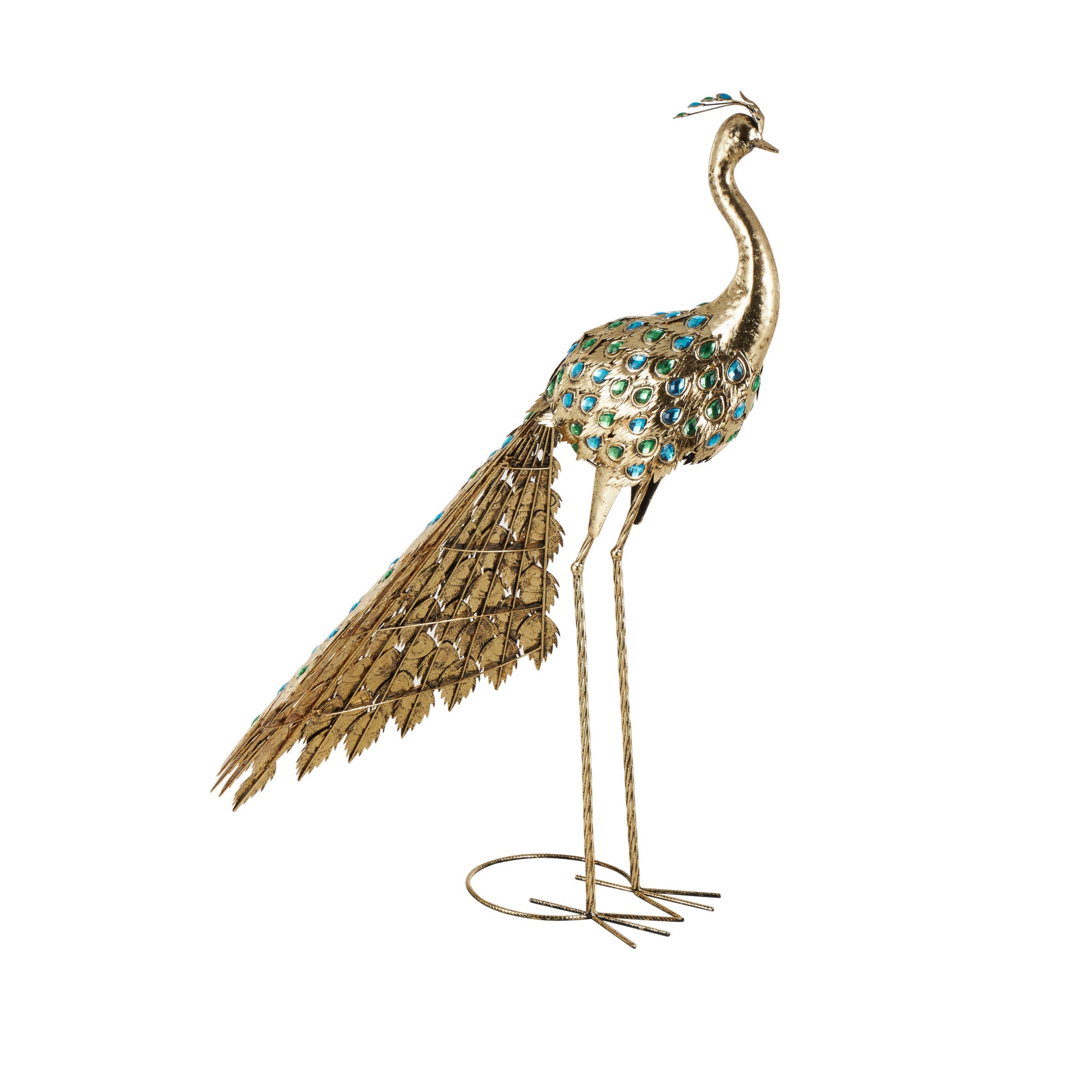 Peacock Brass Metal Decorative Garden Sculpture with Blue and Green Jewels