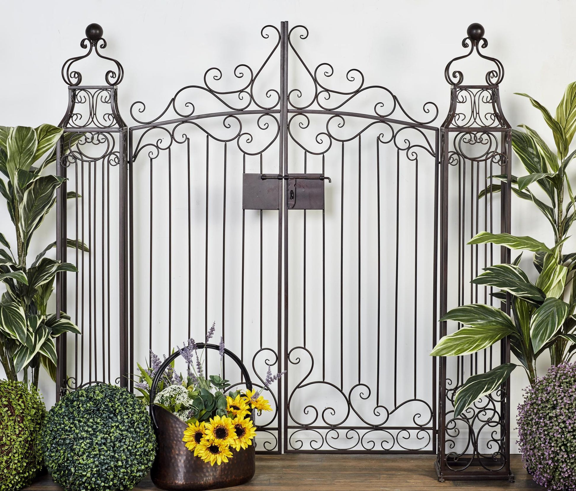 Scroll Dark Brown Metal Indoor Outdoor Arched Gate Indoor Outdoor Garden Arbor with Latch Lock Closure