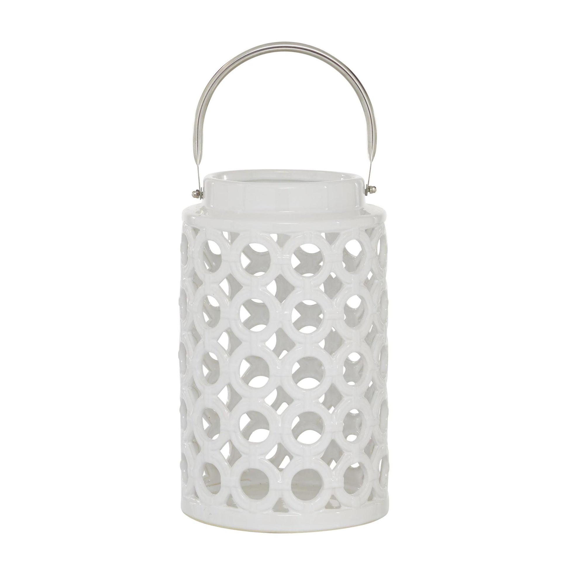 White Ceramic Circles Decorative Indoor Outdoor Candle Lantern with Cut Out Design