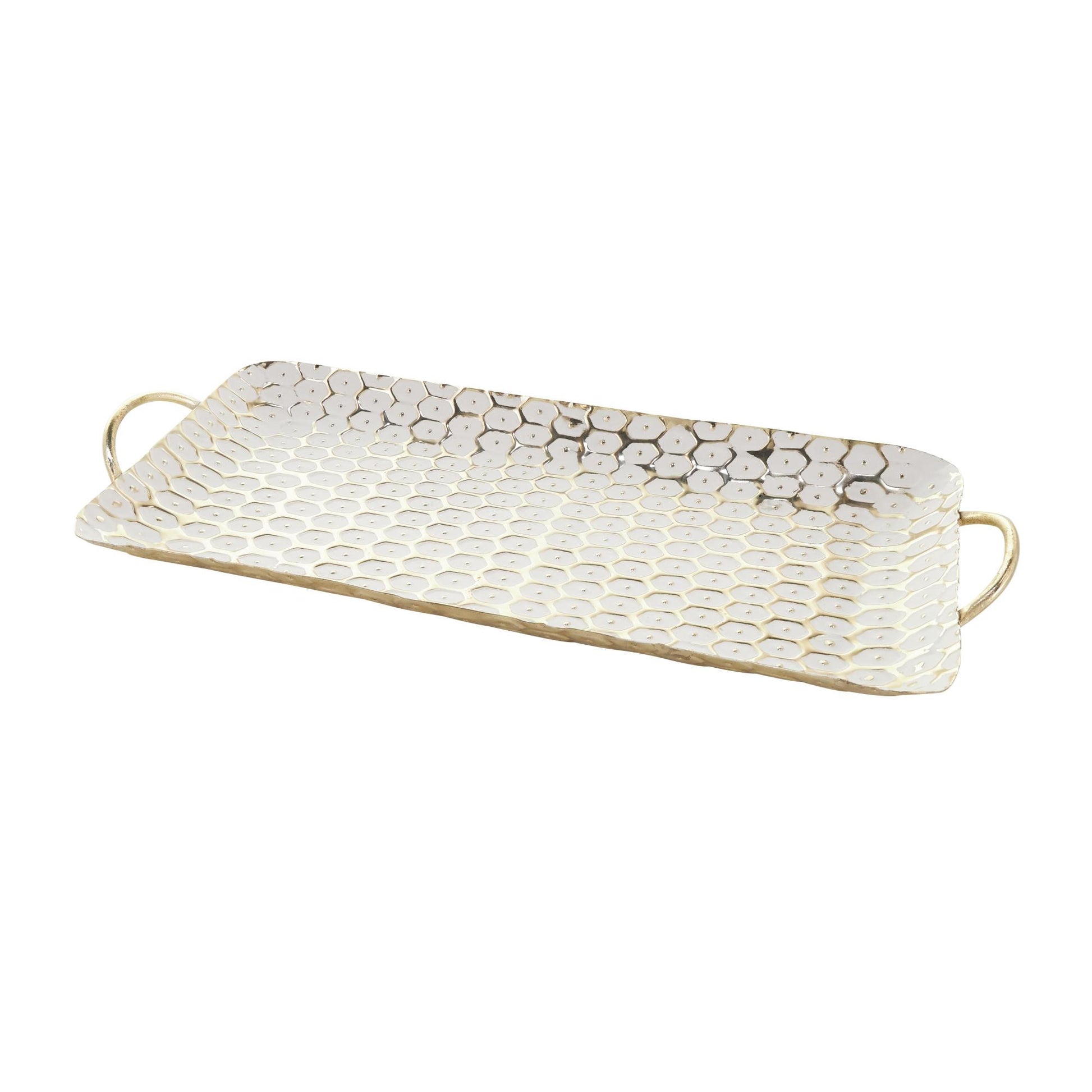 Set of 2 Geometric Gold Metal Geometric Dot Living Room Decor Tray with White Accents
