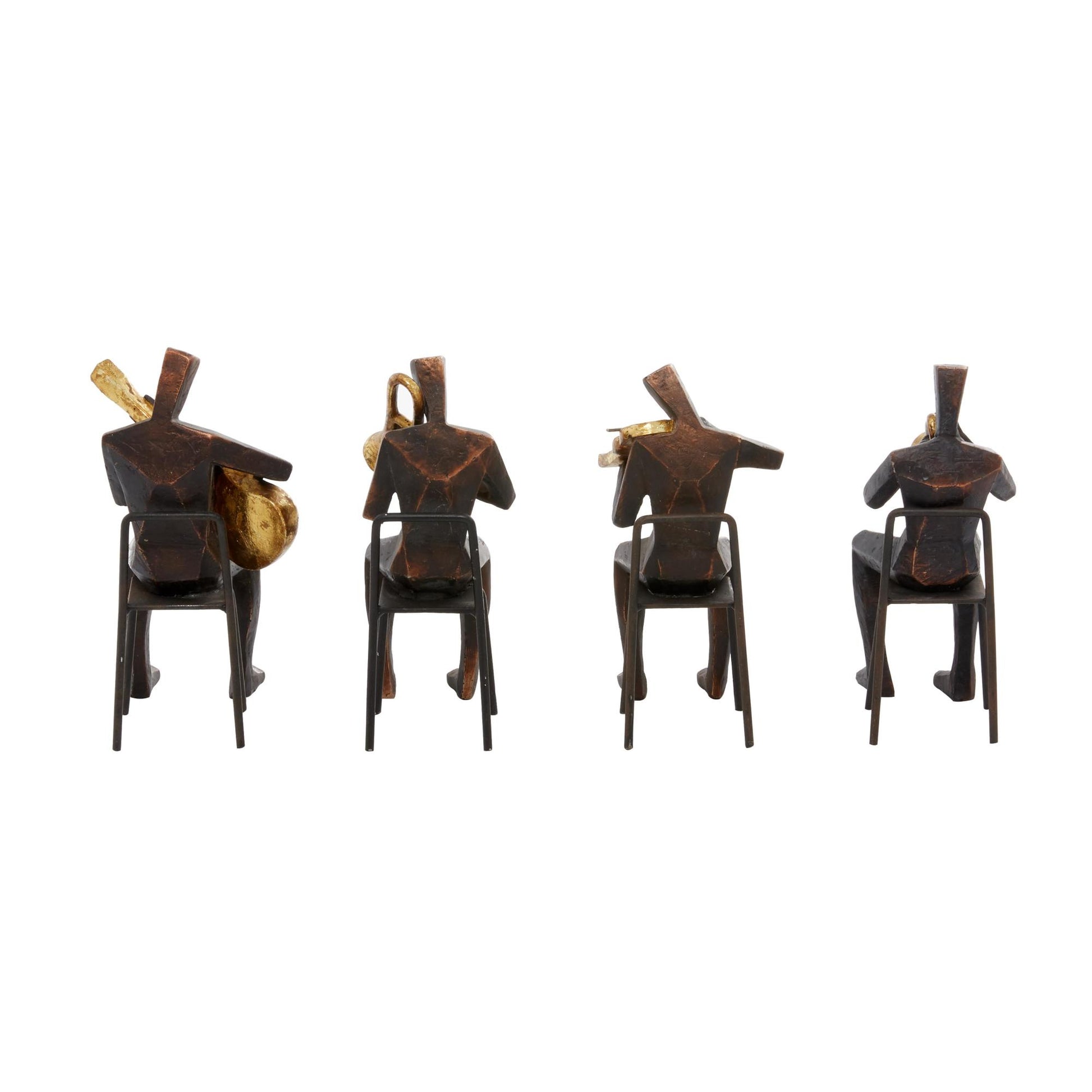 Set of 4 Musician Brown Polystone Decorative Sculpture with Gold Instruments