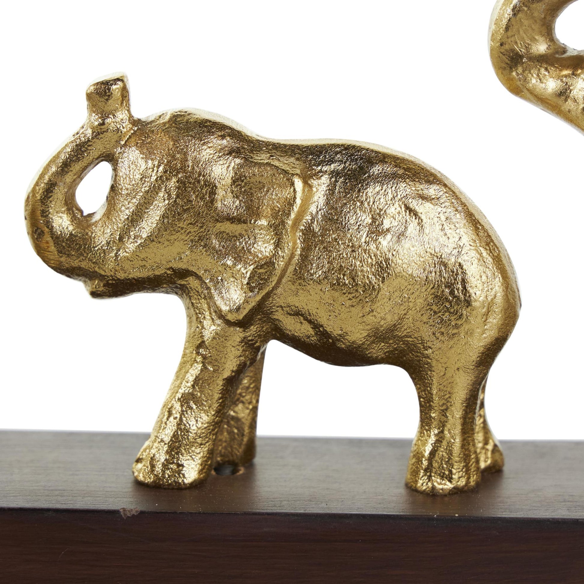 Elephant Gold Aluminum Metal Decorative Sculpture with Brown Wooden Frame