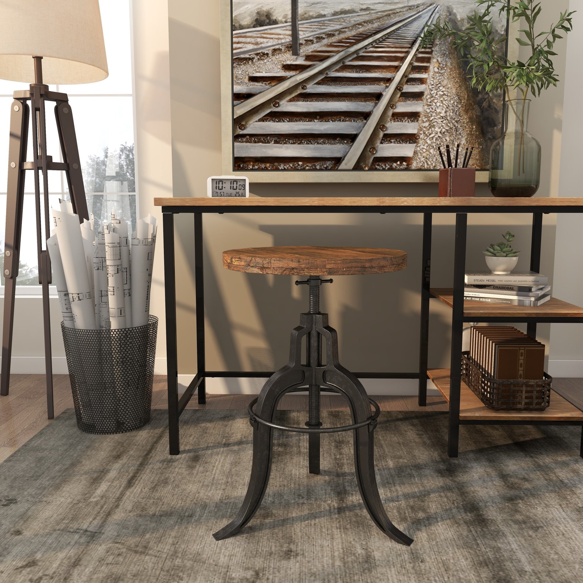 Black Metal Handmade Vintage Industrial Inspired Living Room Stool with Reclaimed Teak Wood Seat