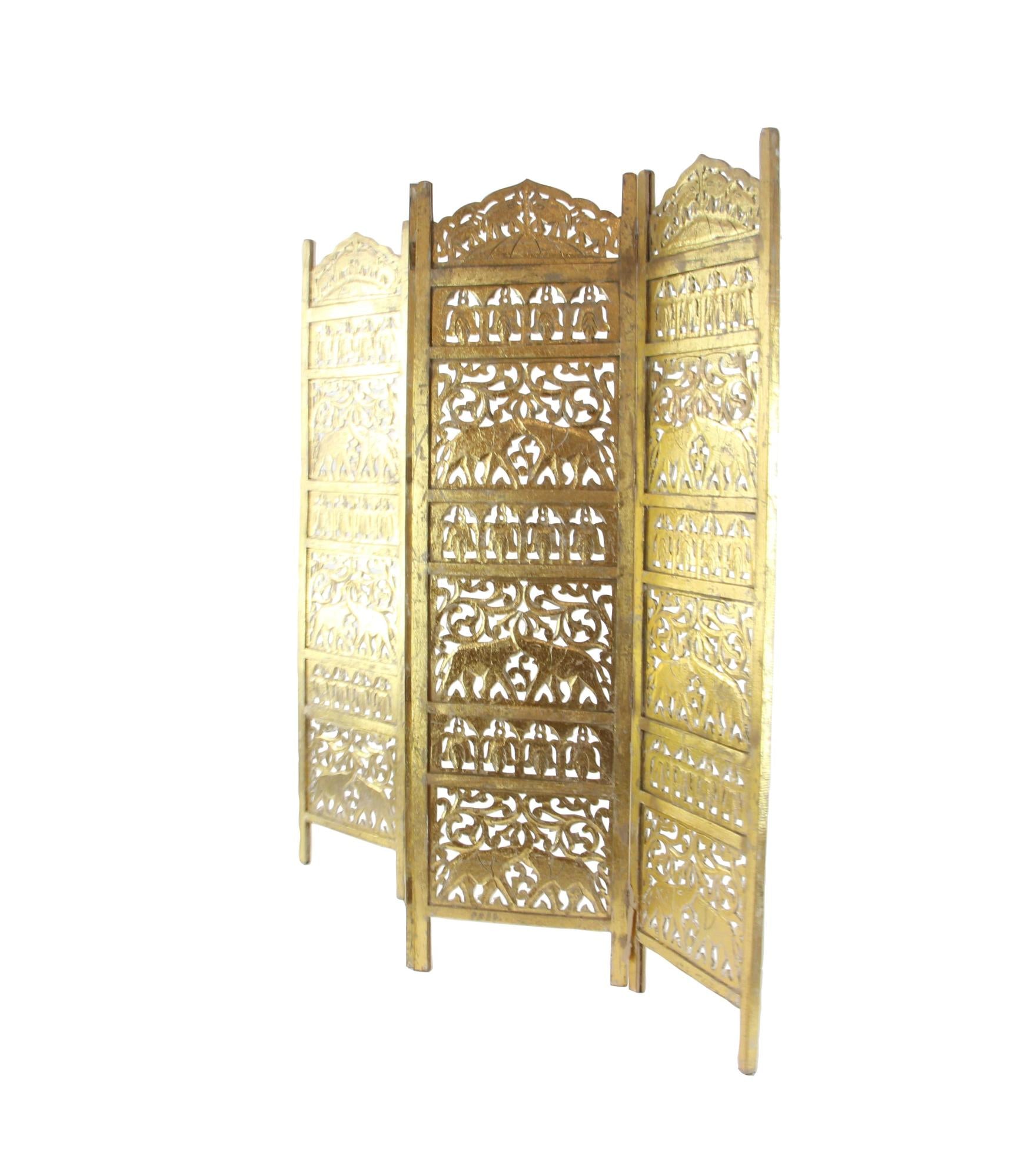 Scroll Gold Wooden Handmade Foldable Partition 4 Panel Partition Room Divider Screen with Carved Elephant Accents