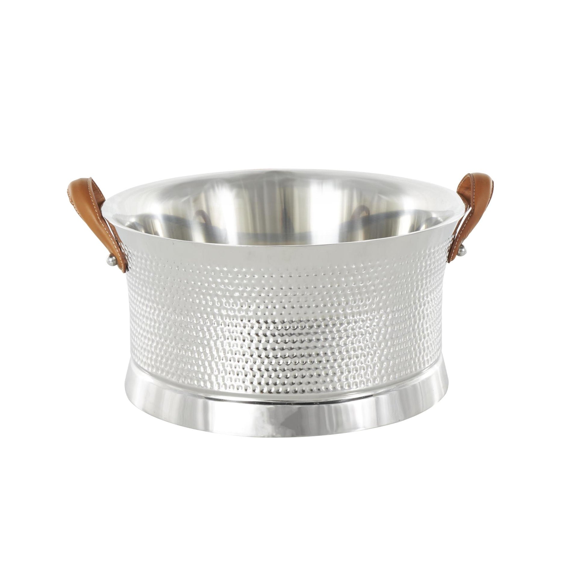 Silver Stainless Steel Metal Hammered Decorative Ice Bucket with Brown Leather Handles