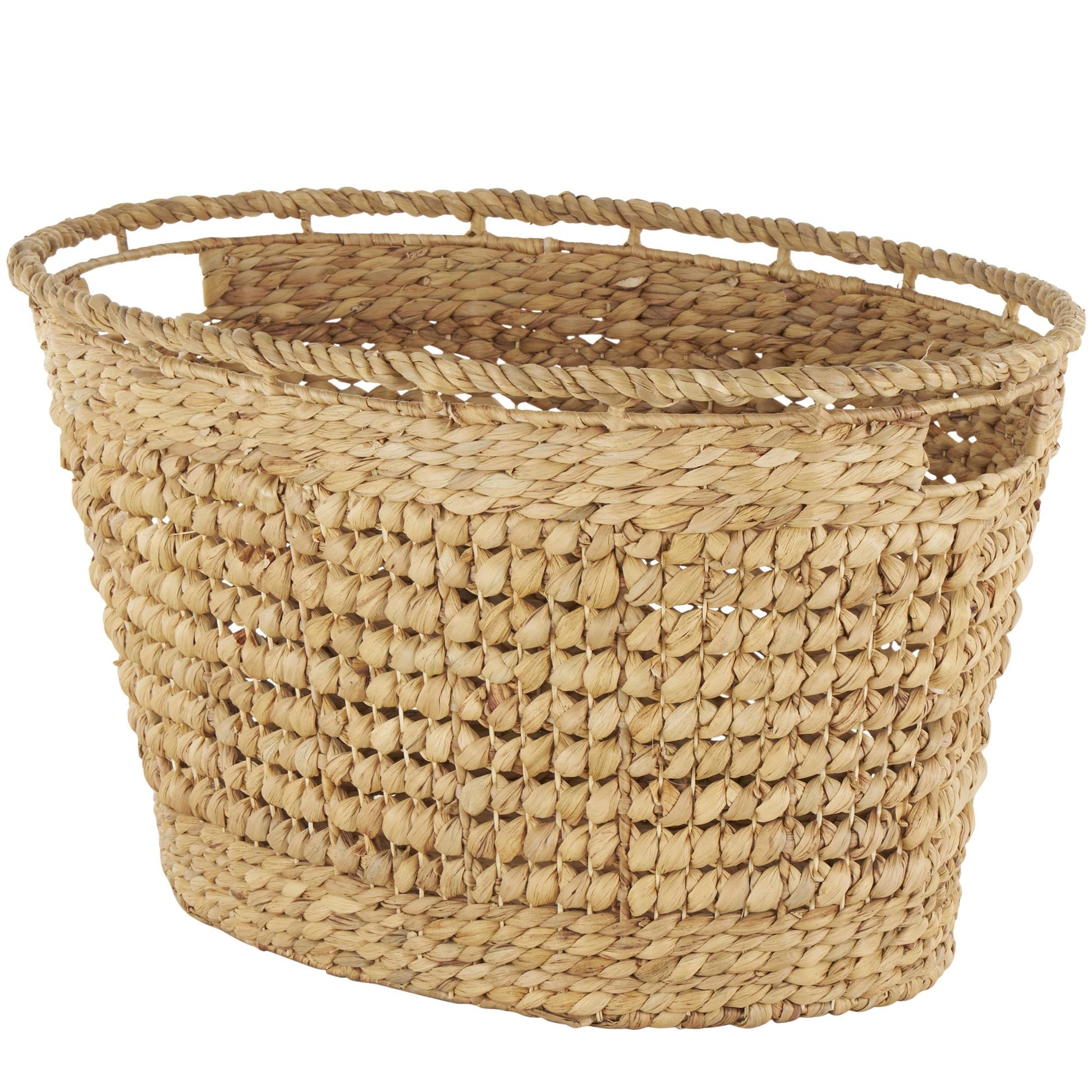 Brown Seagrass Handmade Woven Oval Decorative and Functional Storage Basket with Elevated Rim and Slot Handles