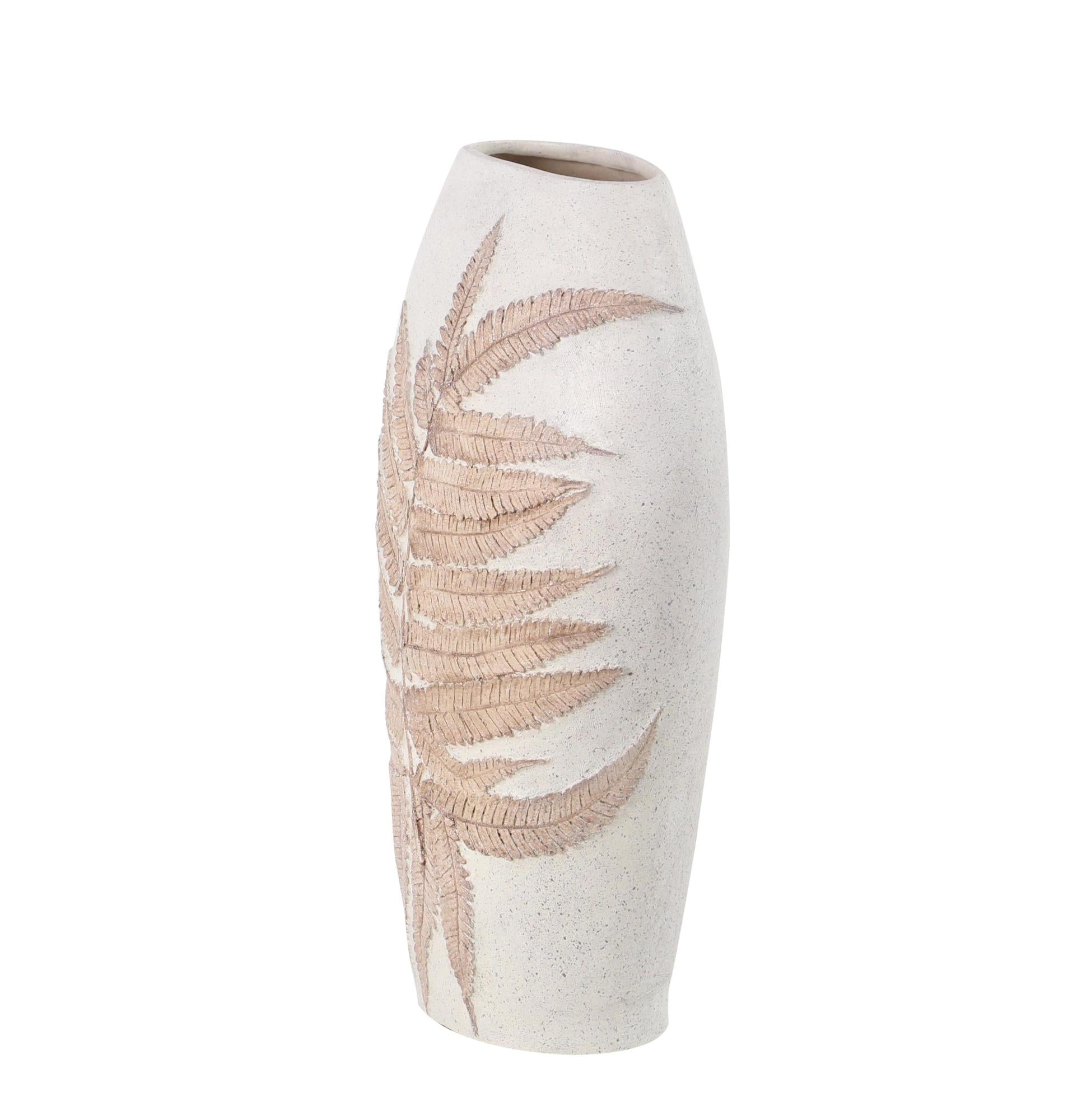 Leaf White Polystone Decorative Vase with Brown Dimensional Leaves