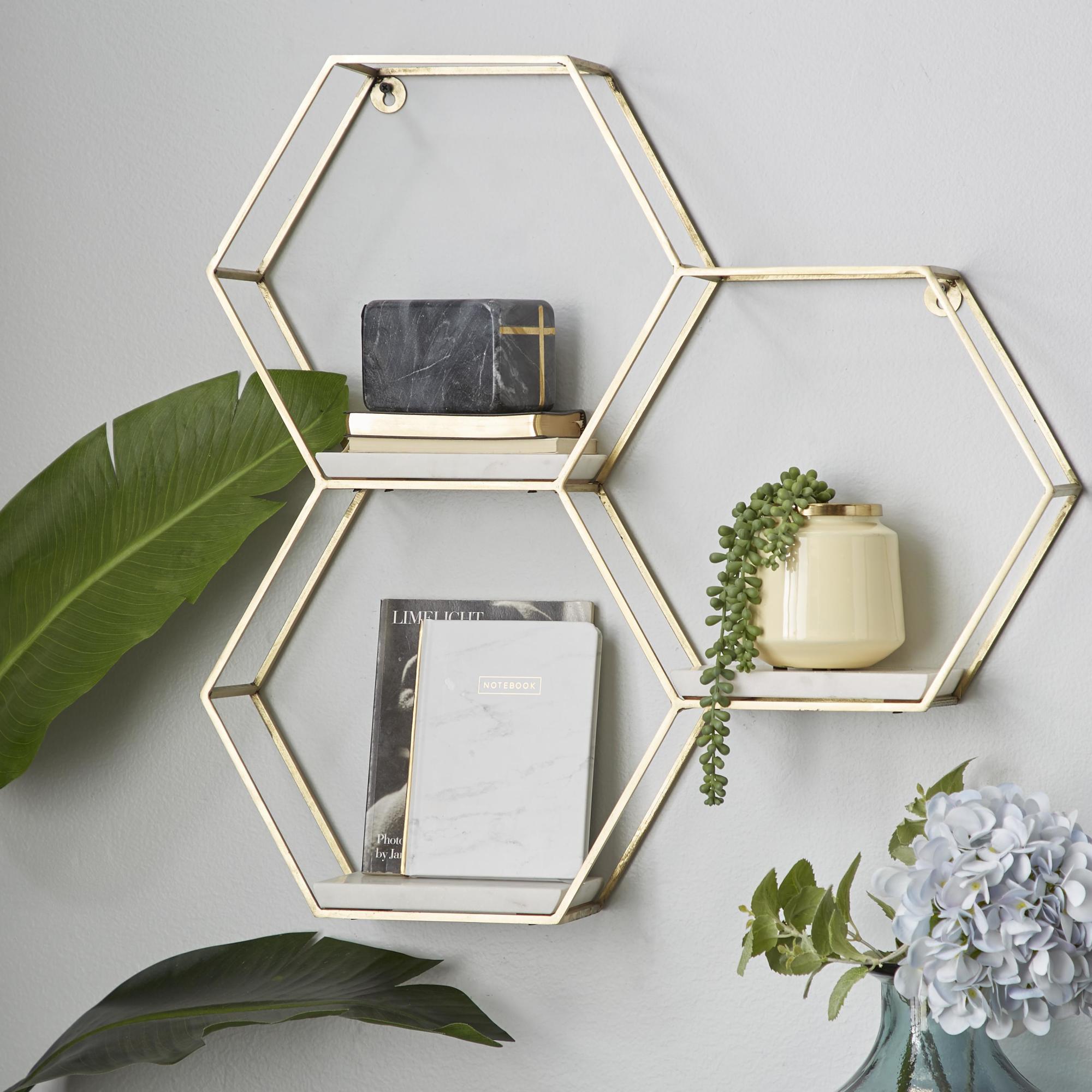 Geometric Metal Hexagon 3 Marble Shelves Room Wall Shelf with 3 Marble Shelves 26" x 5" x 24"