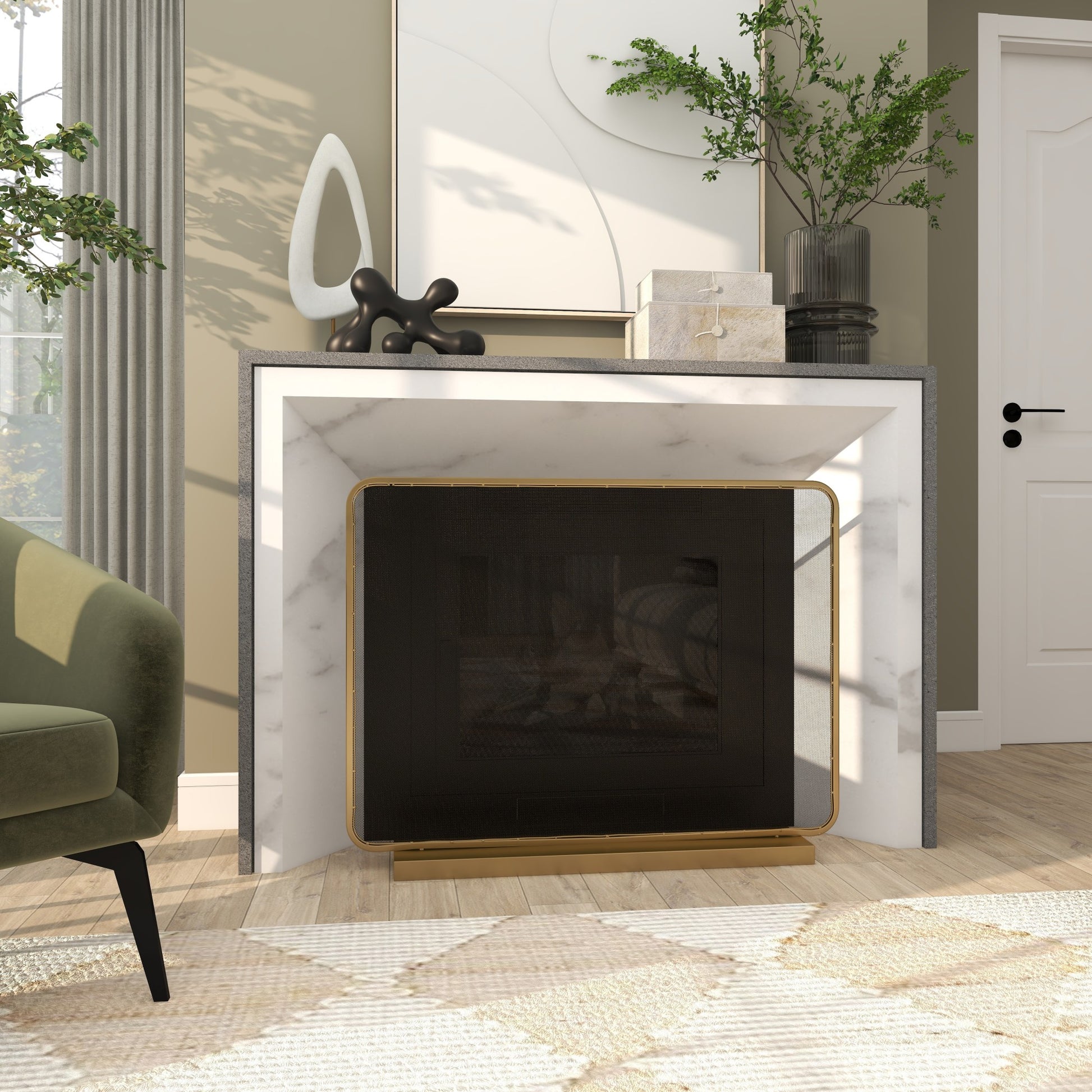 Geometric Gold Metal 1 Panel Living Room Fireplace Screen with Rounded Edges and Rectangular Base