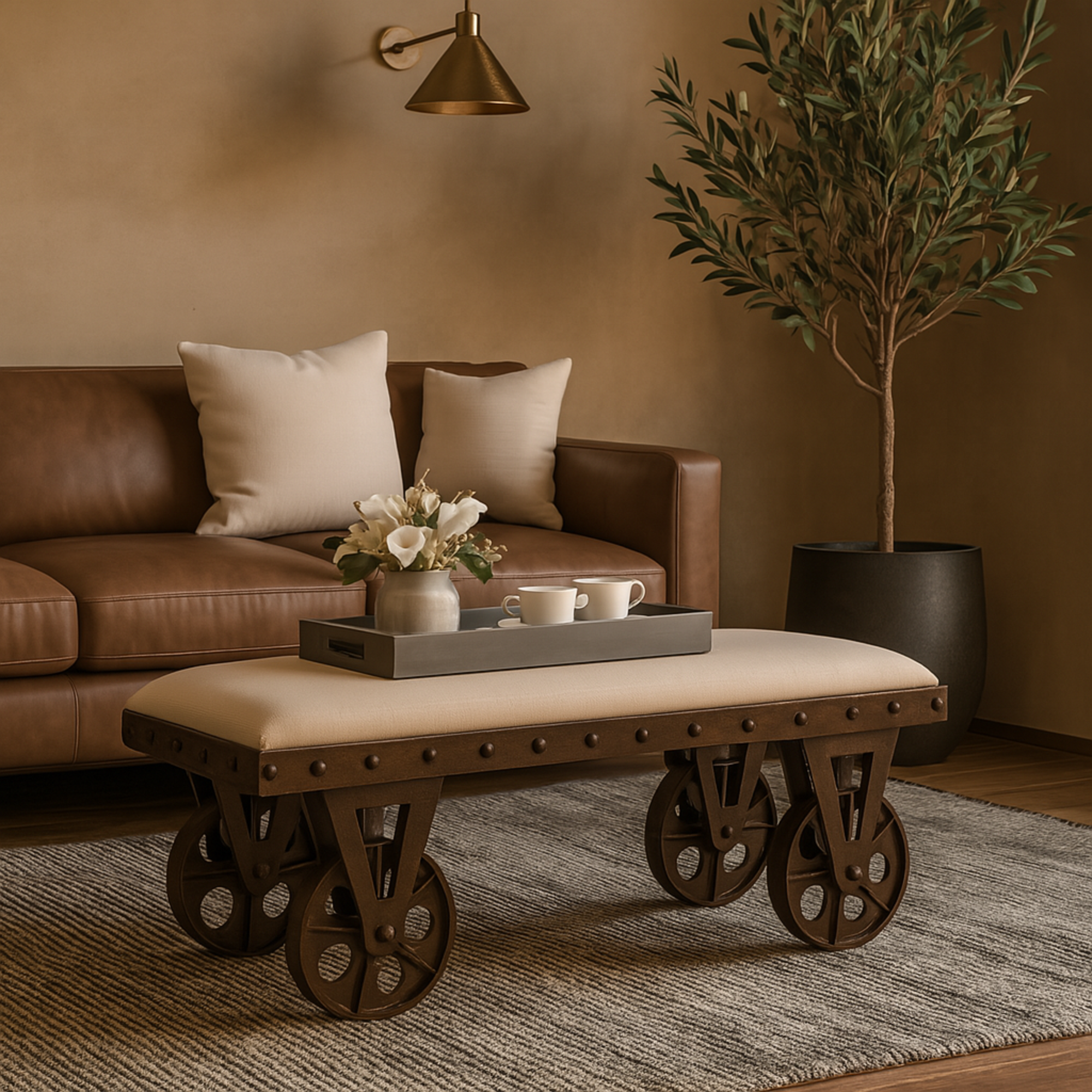 Brown Linen Fabric Vintage Industrial Inspired Home Bench with Wheels and Linen Upholstered Seat