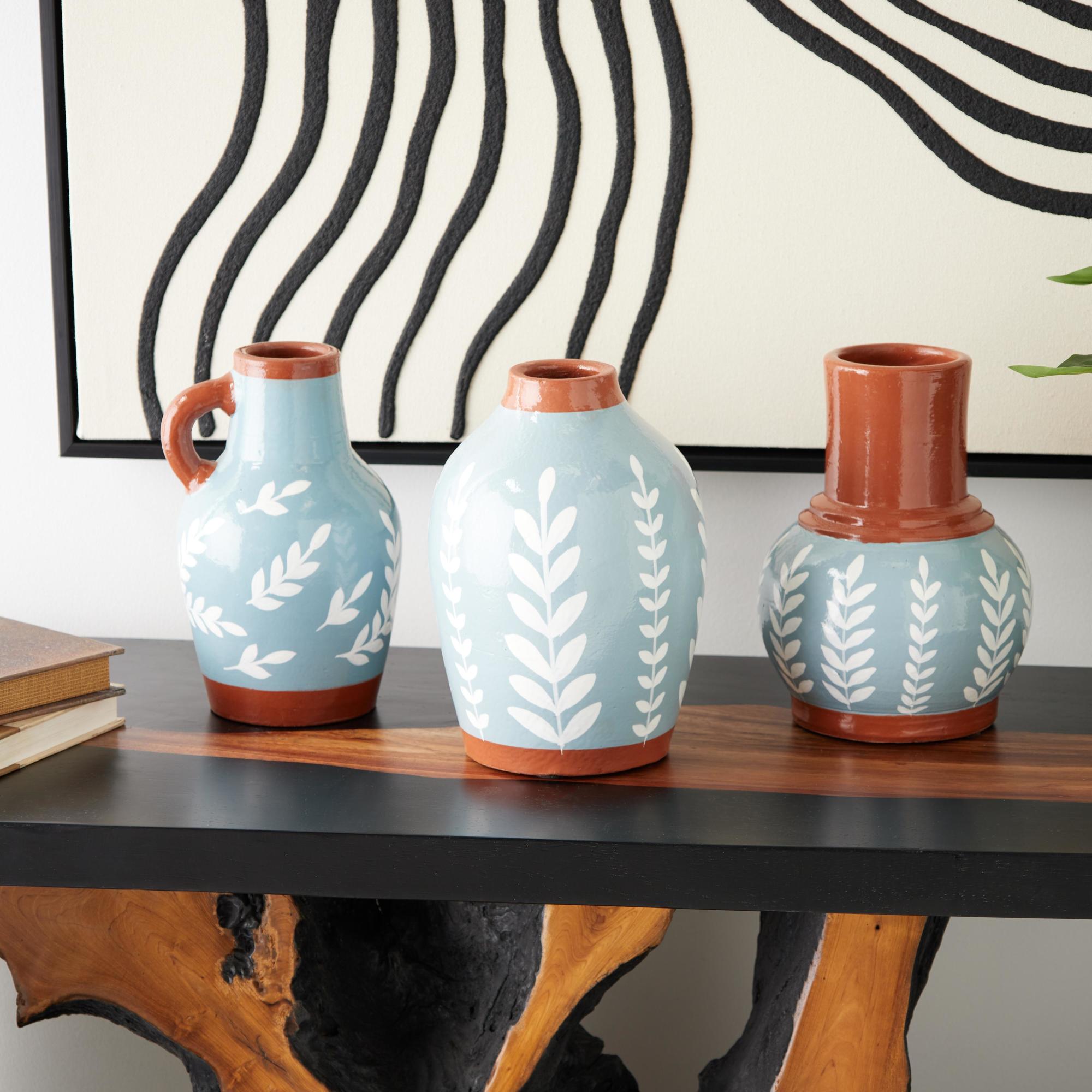 Set of 3 Floral Ceramic Decorative Vase with Terracotta Colored Detailing