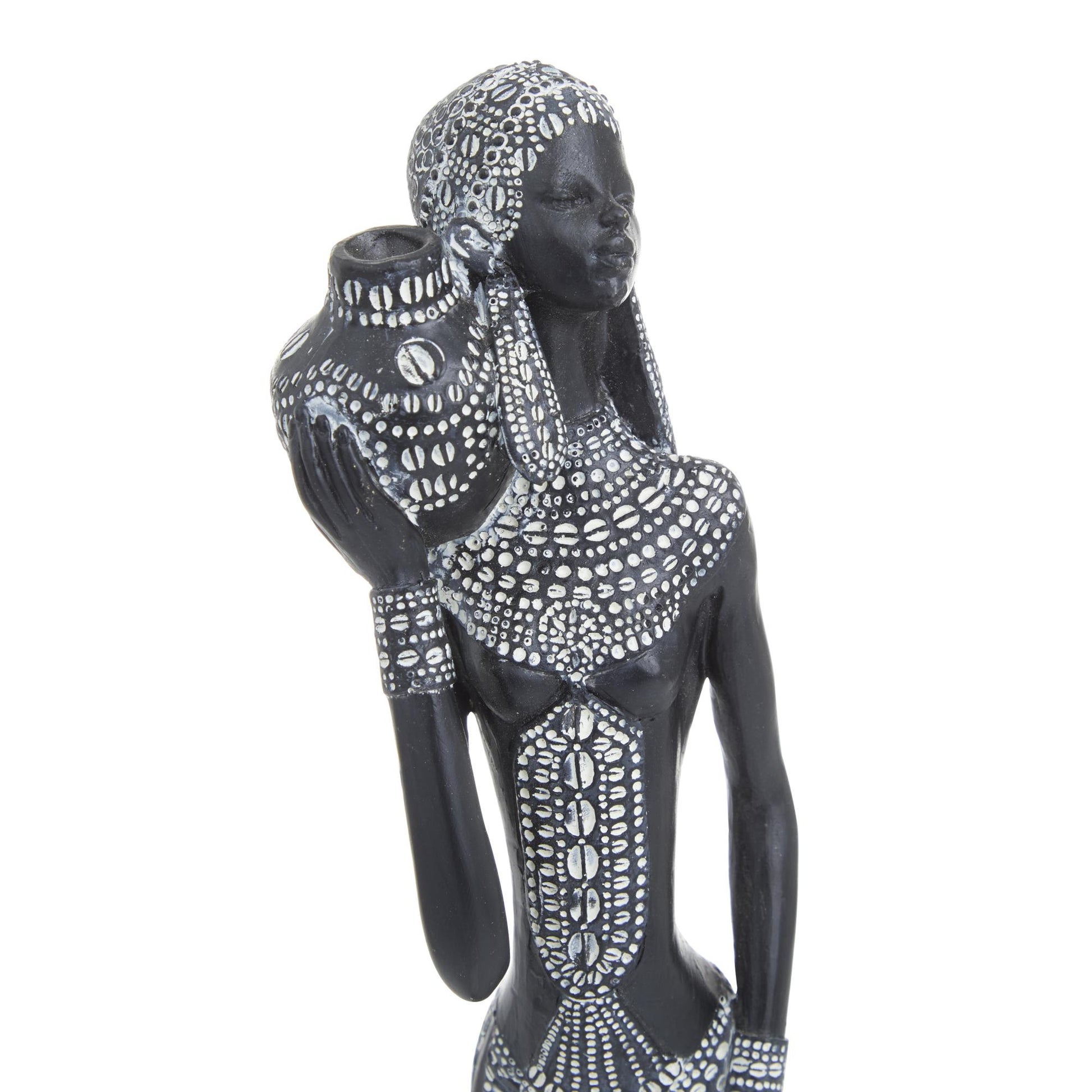 Set of 2 Woman Black Polystone Standing African Decorative Sculpture with Intricate Details