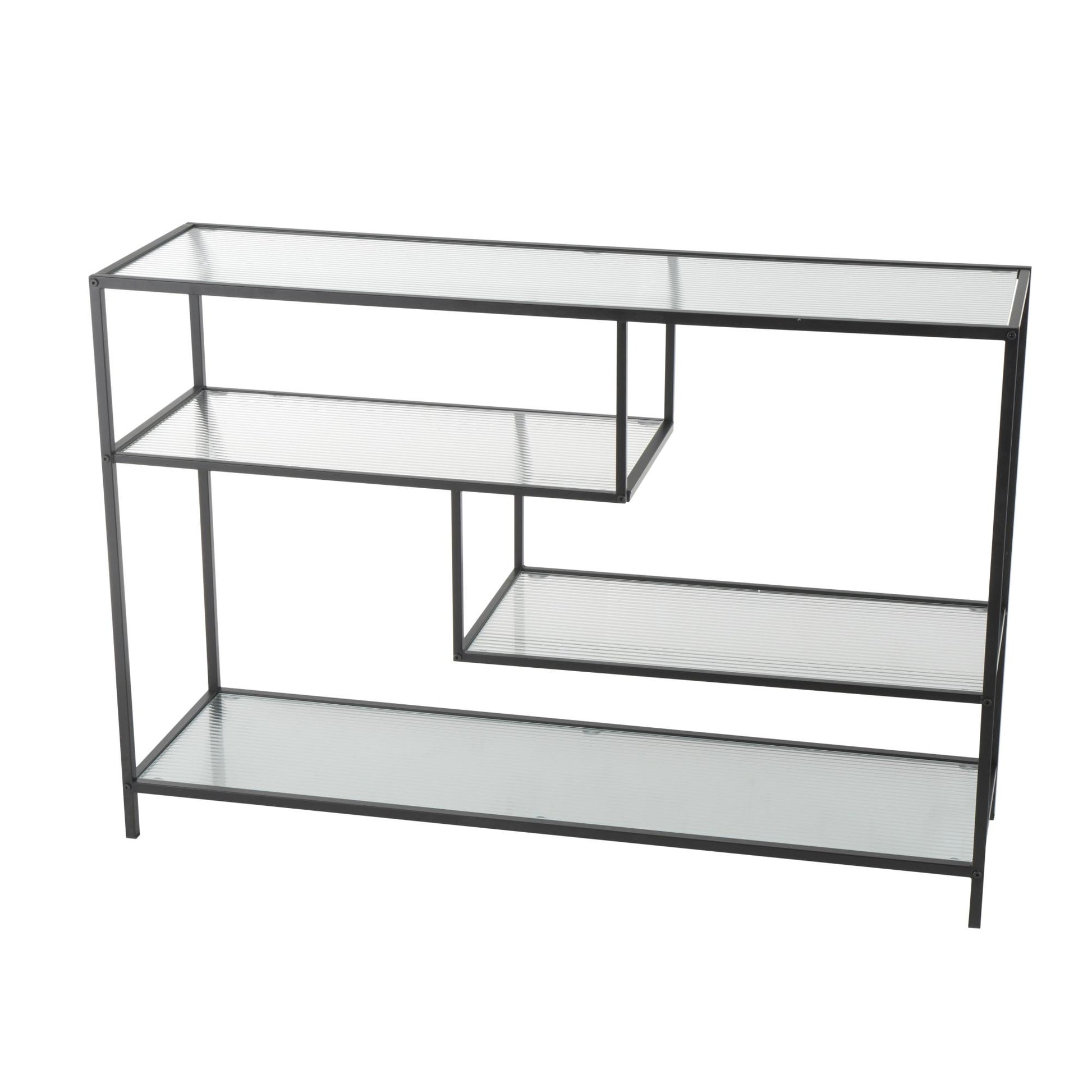 Geometric Black Metal 4 Shelf Living Room Console Table with Clear Glass Shelves