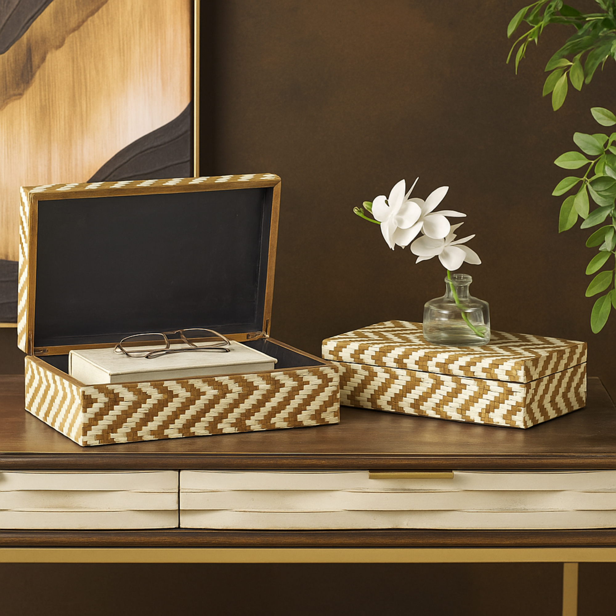 Set of 2 Geometric Brown Paper Handmade Woven Zig Zag Storage Decorative Box with Cream Accents