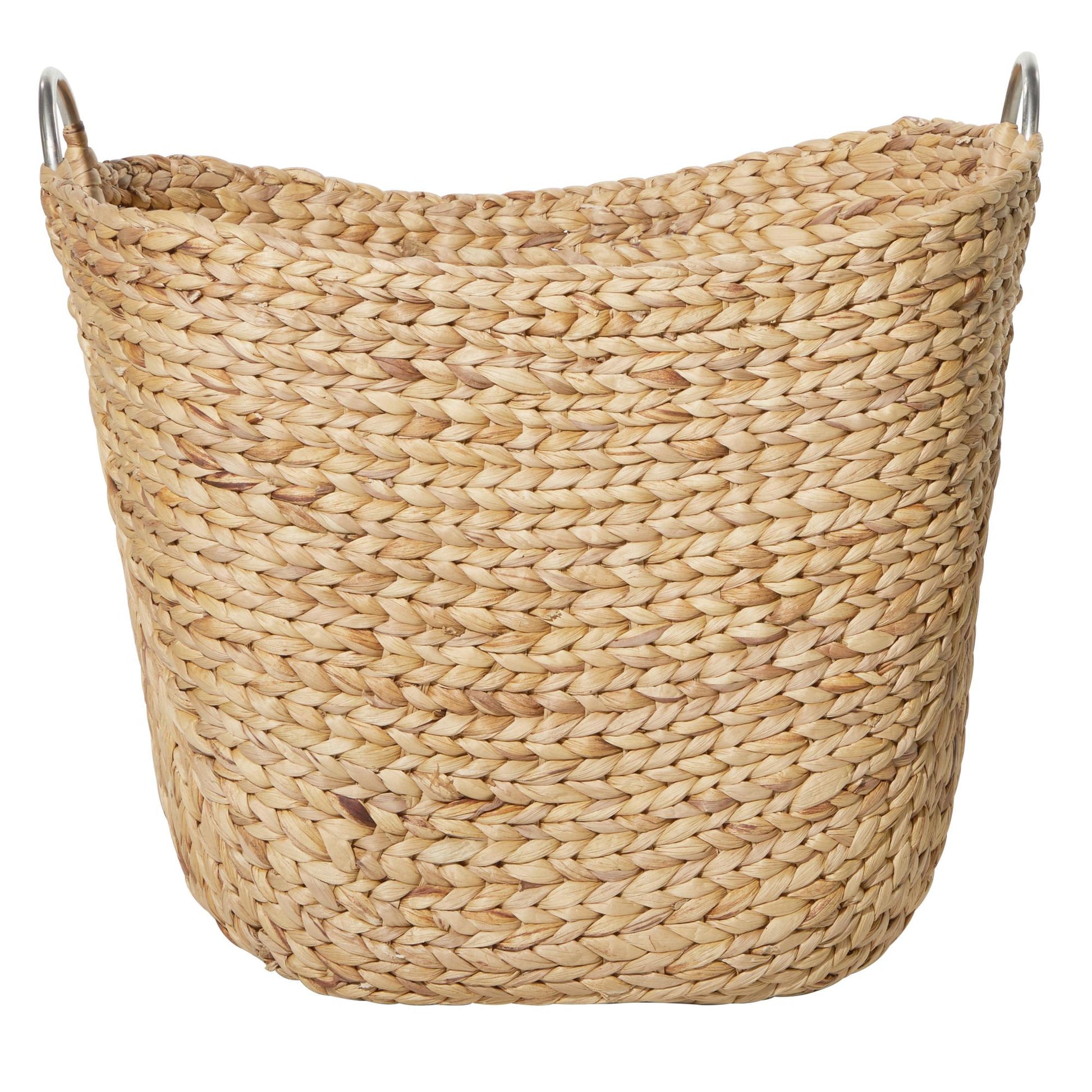 Brown Seagrass Handmade Large Woven Decorative and Functional Storage Basket with Ring Metal Handles