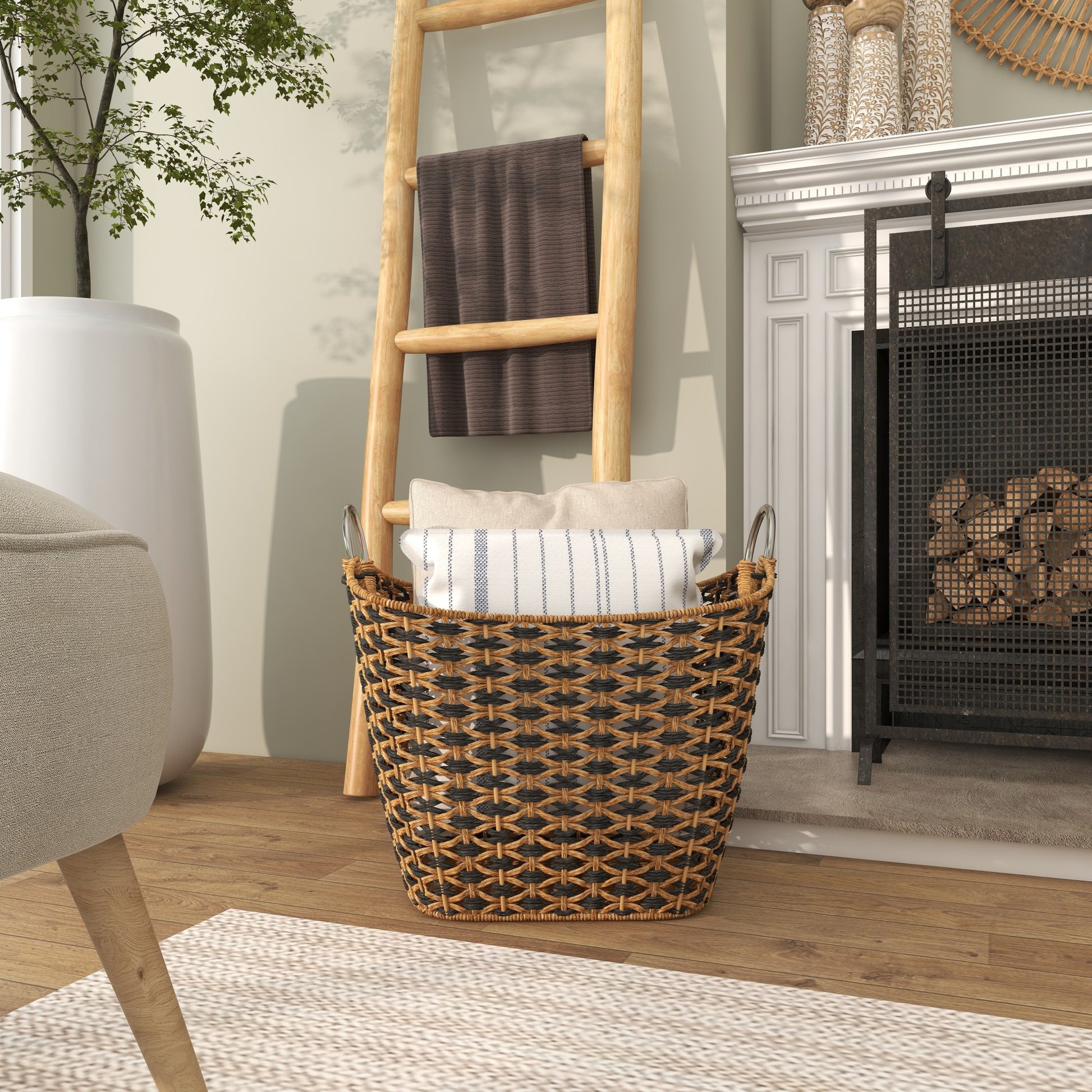 Seagrass Handmade Two Toned Decorative and Functional Storage Basket with Metal Handles