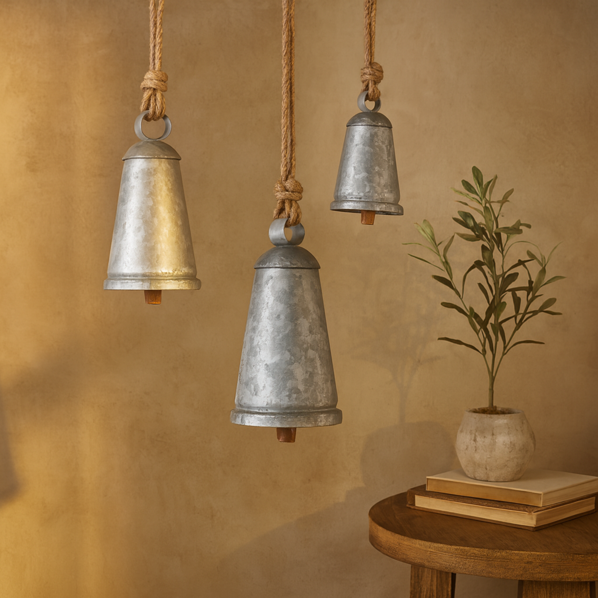 Set of 3 Metal Tibetan Inspired Indoor Outdoor Decorative Cow Bells with Jute Hanging Rope Set of 3 12",9",6"H
