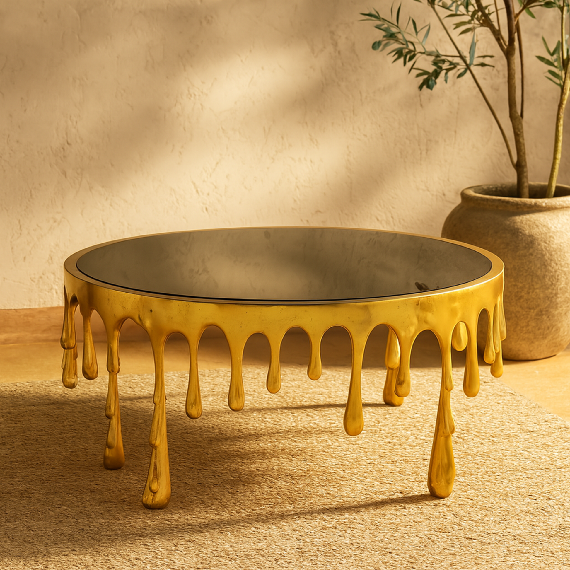 Abstract Aluminum Metal Drip Living Room Coffee Table with Melting Designed Legs and Shaded Glass Top 36" x 36" x 16"