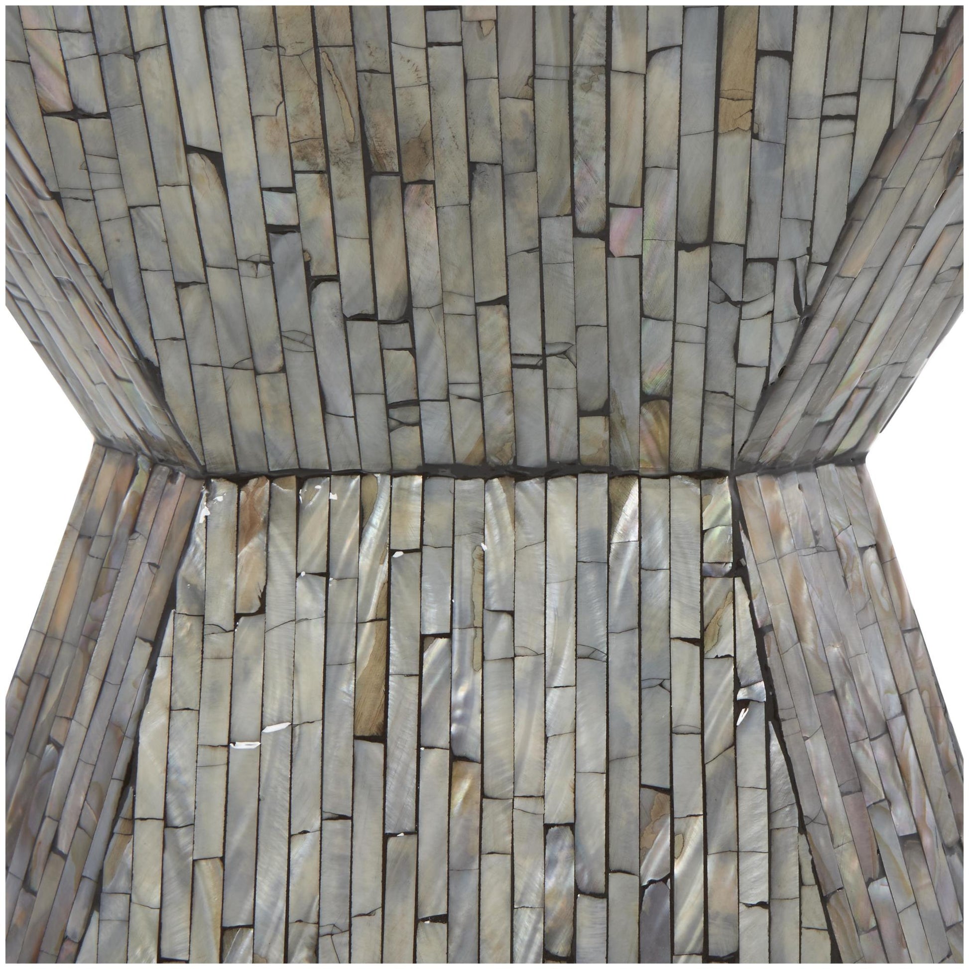 Geometric Gray Mother of Pearl Shell Handmade Hourglass Side End Accent Table with Linear Mosaic Pattern