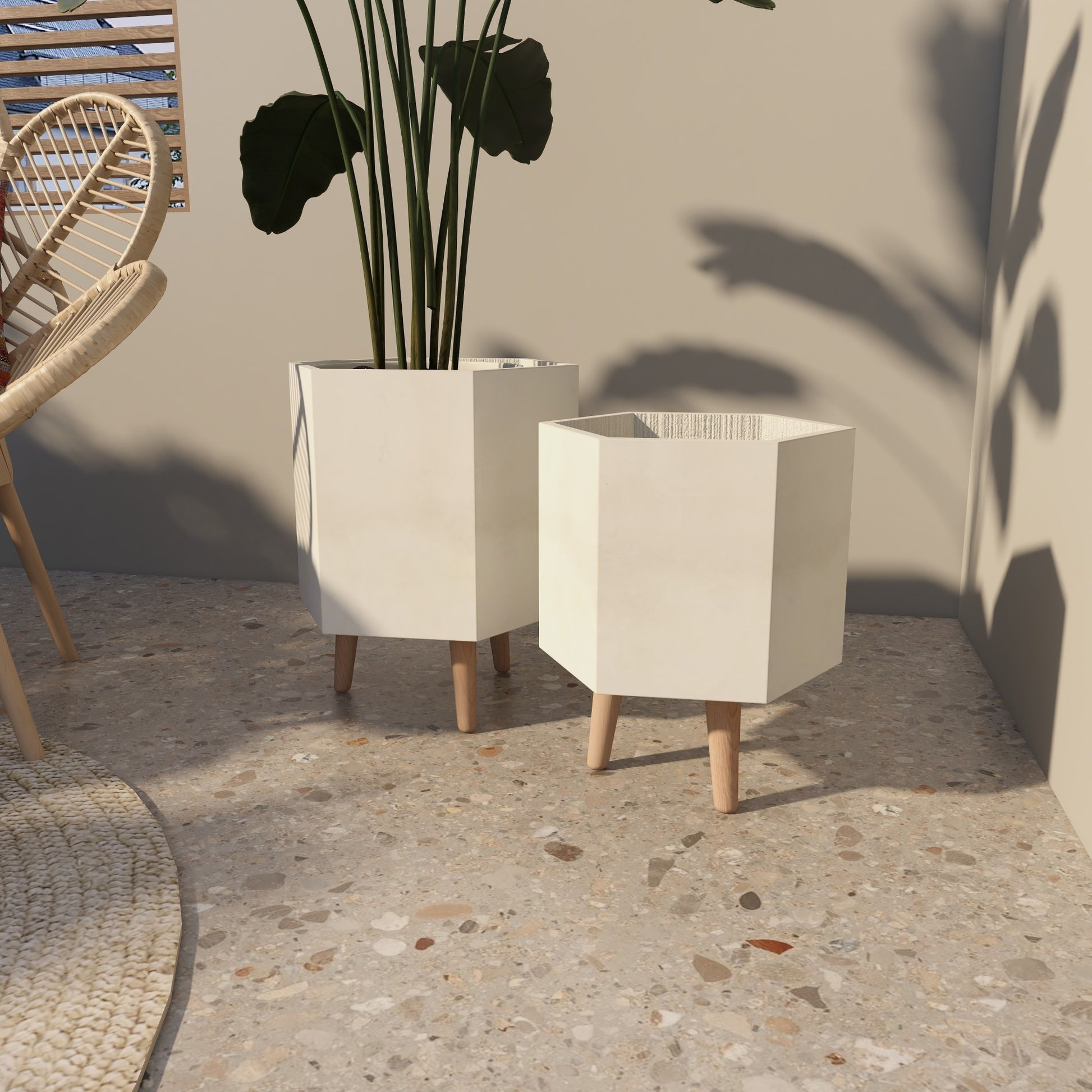 CosmoLiving by Cosmopolitan Set of 2 Geometric Light Gray Magnesium Oxide Hexagon Indoor Outdoor Planter with Brown Wooden Legs