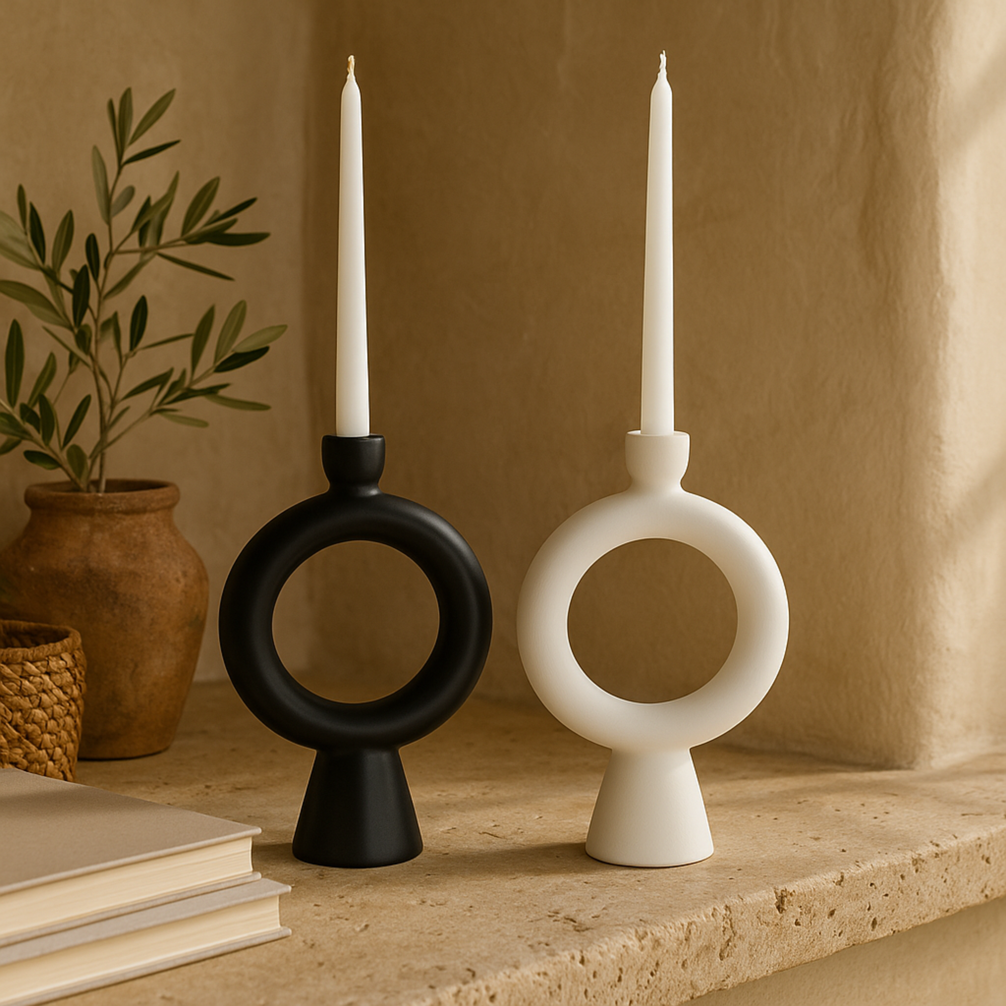 CosmoLiving by Cosmopolitan Set of 2 Geometric Black Ceramic Ring Decorative Candle Holder