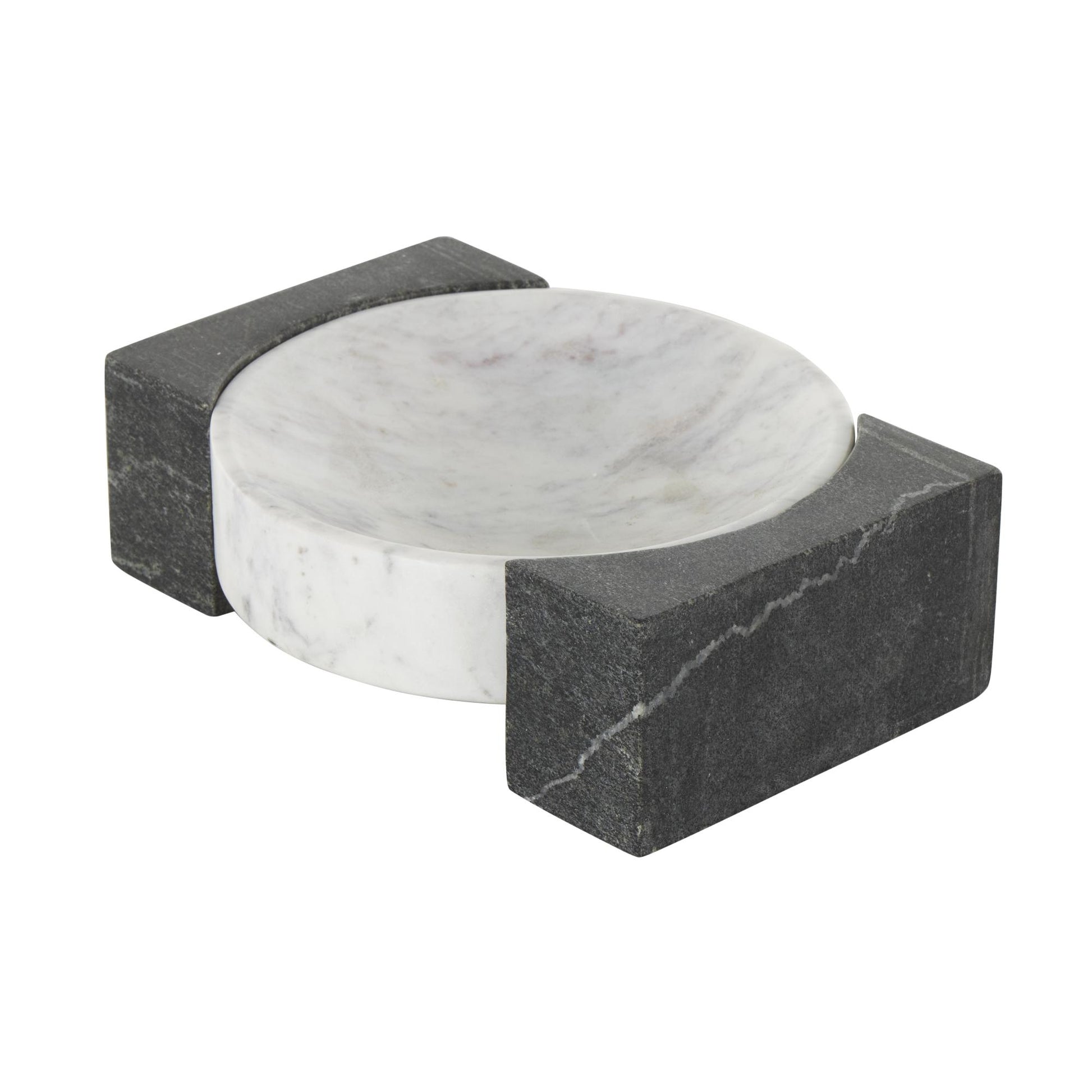 Geometric White Marble Round Living Room Decor Tray with Black Rectangular Blocks