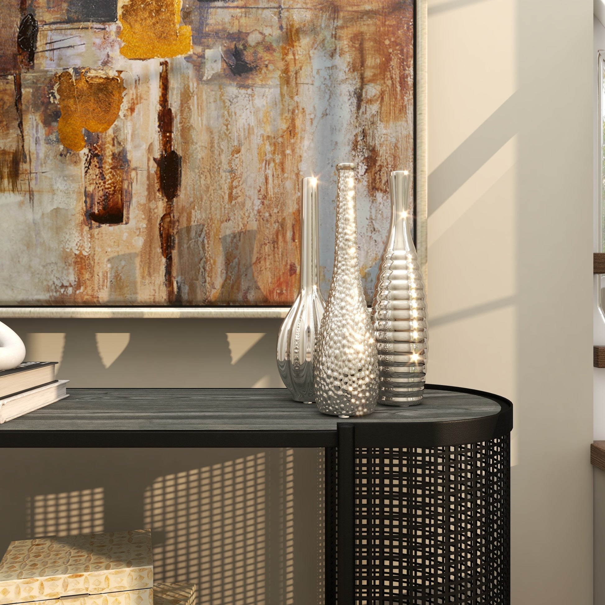 Set of 3 Ceramic Slim Textured Bottleneck Decorative Vase with Varying Patterns Set of 3 4"W, 12"H