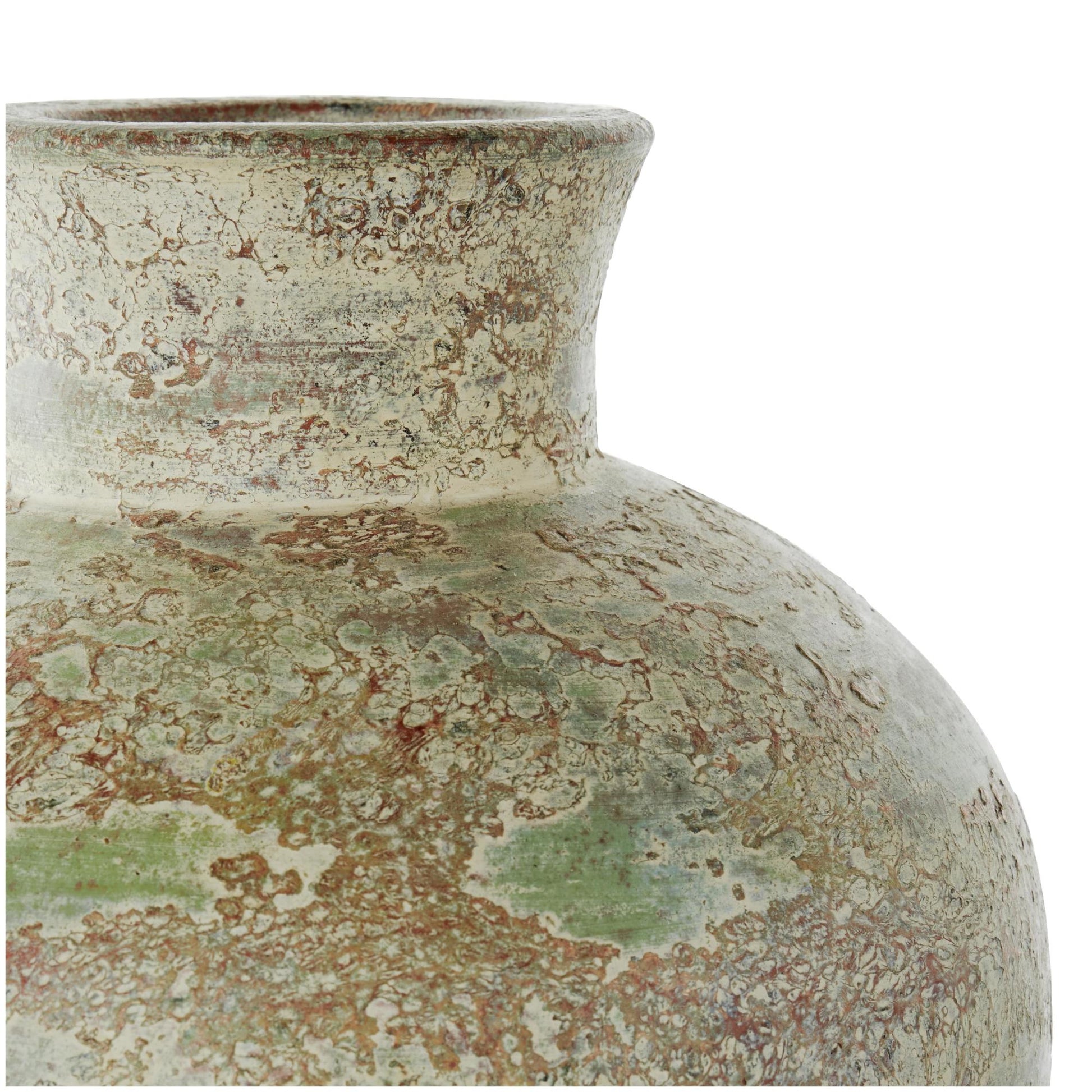 Brown Ceramic Antique Style Textured Decorative Vase with Green and Copper Accents
