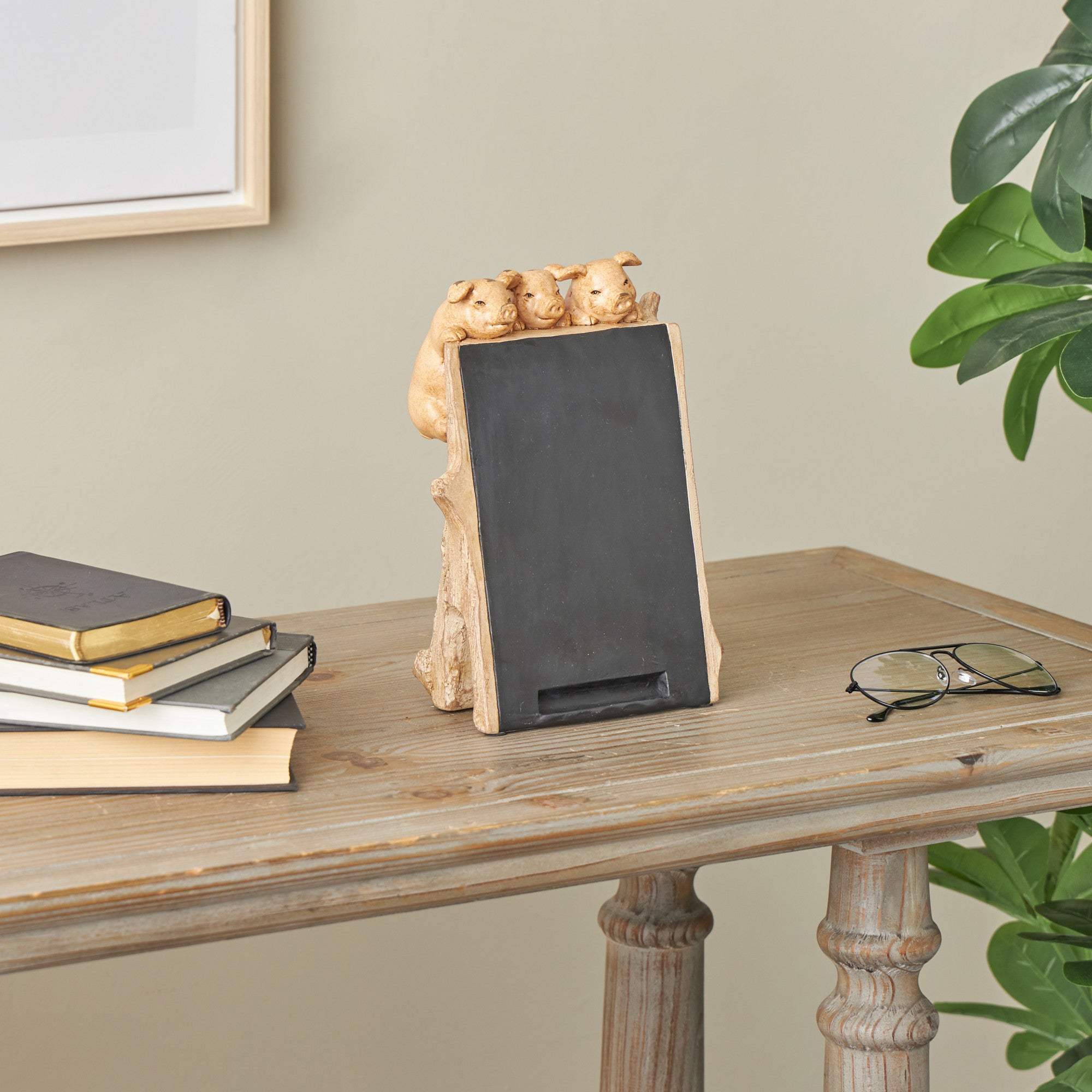 Pig Black Polystone Chalkboard Home Decorative Sign with Brown Tree Trunk Frame