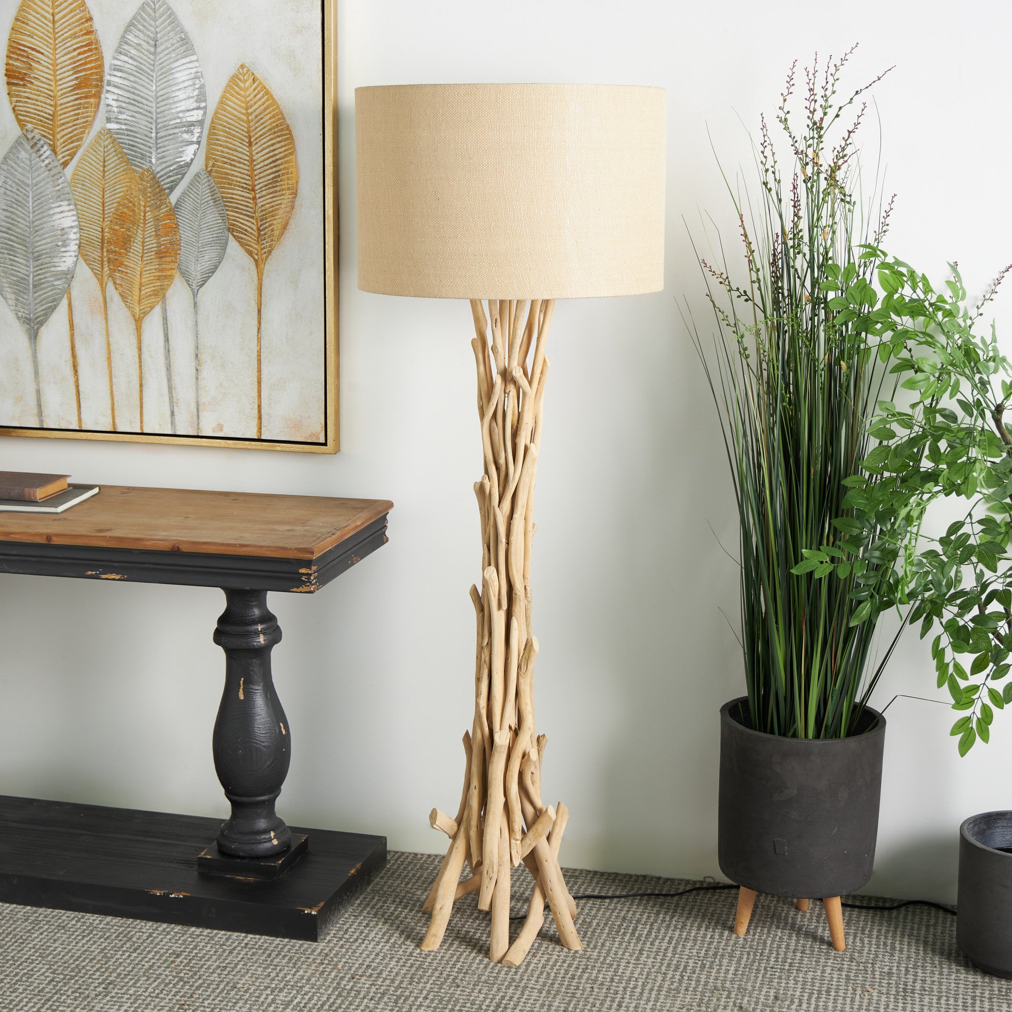 Light Brown Driftwood Handmade Room Floor Lamp with Beige Linen Shade