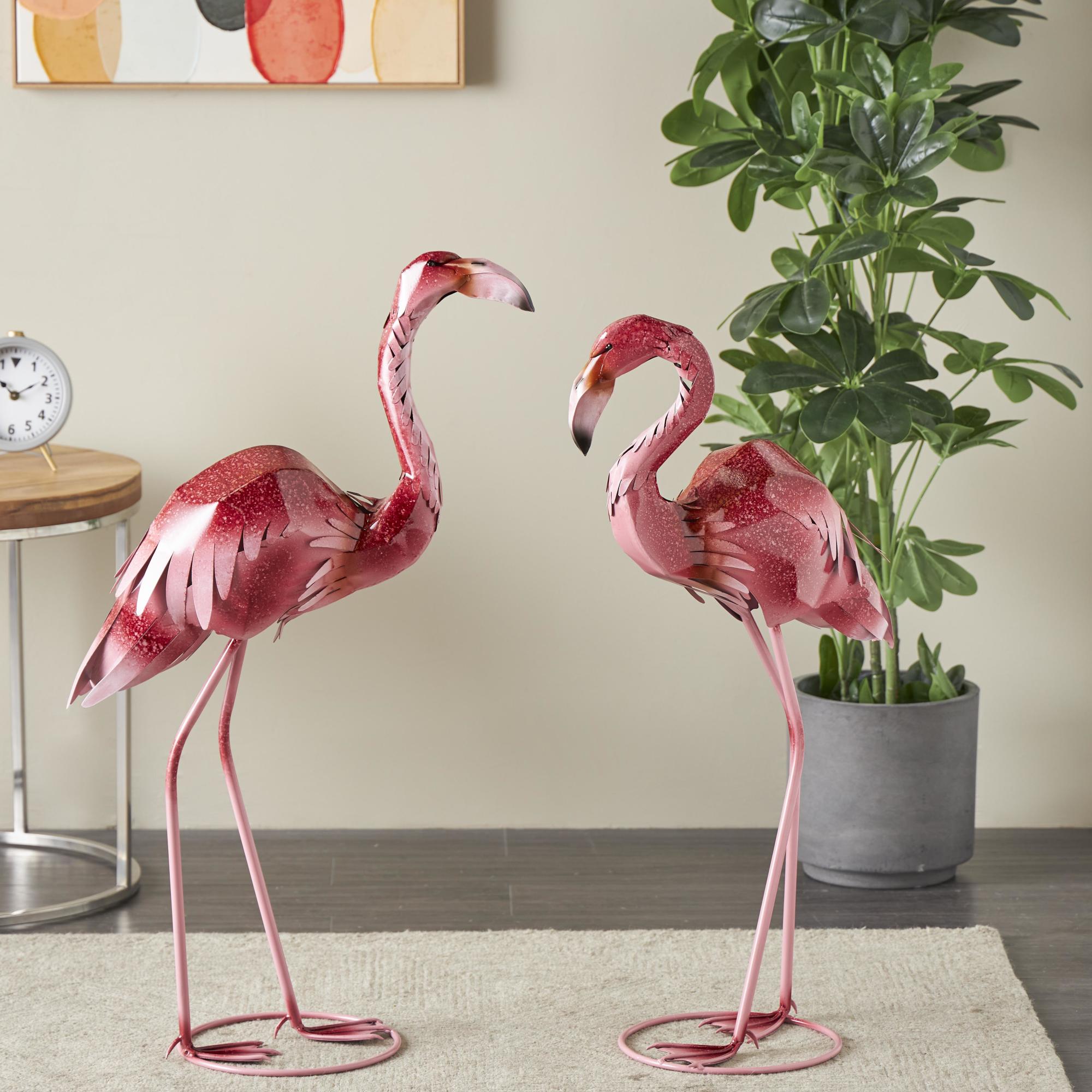 Set of 2 Flamingo Pink Metal Tall Textured Ombre Decorative Garden Sculpture