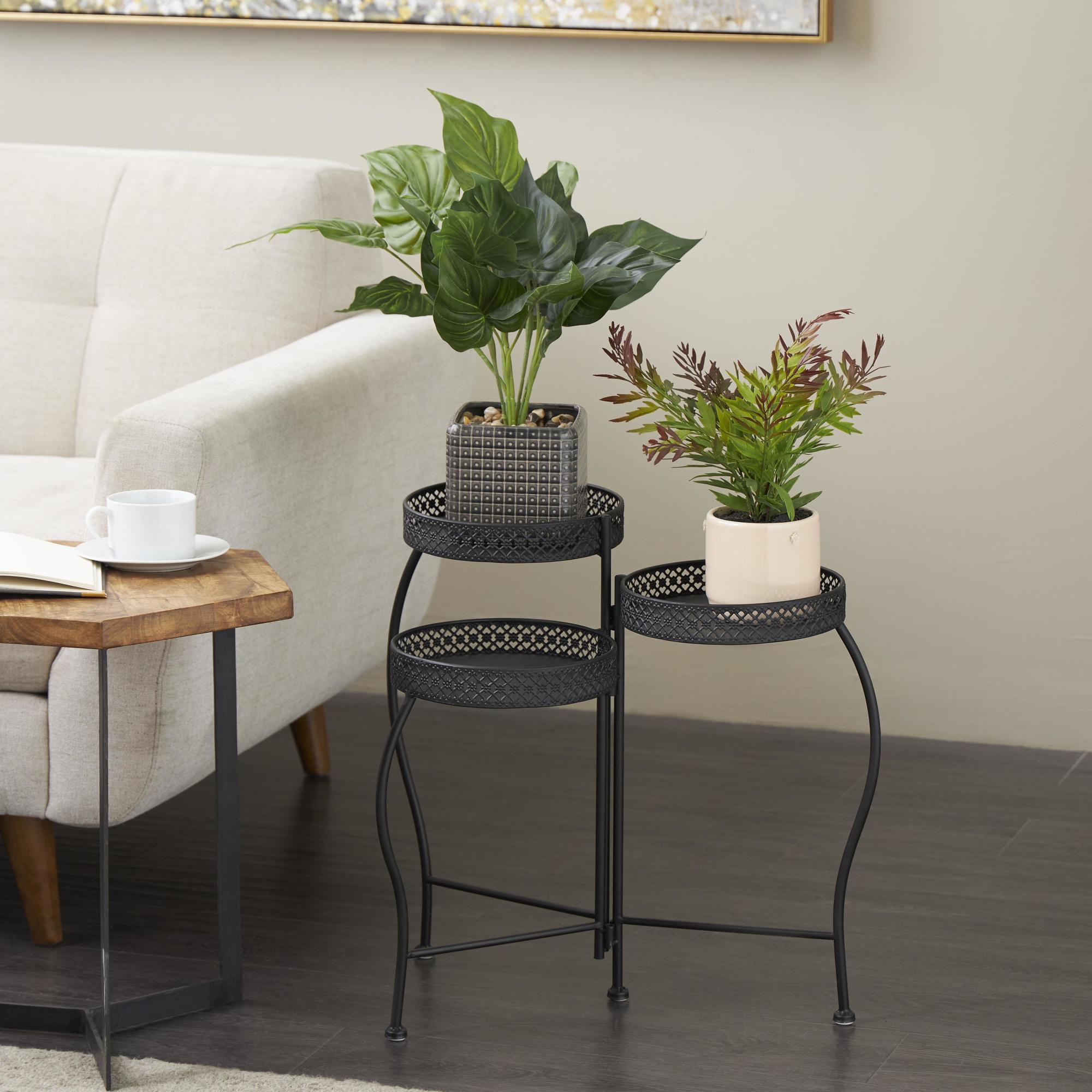 Metal Curved Folding 3 Tier Indoor Outdoor Plantstand with Floral and Scroll Patterns