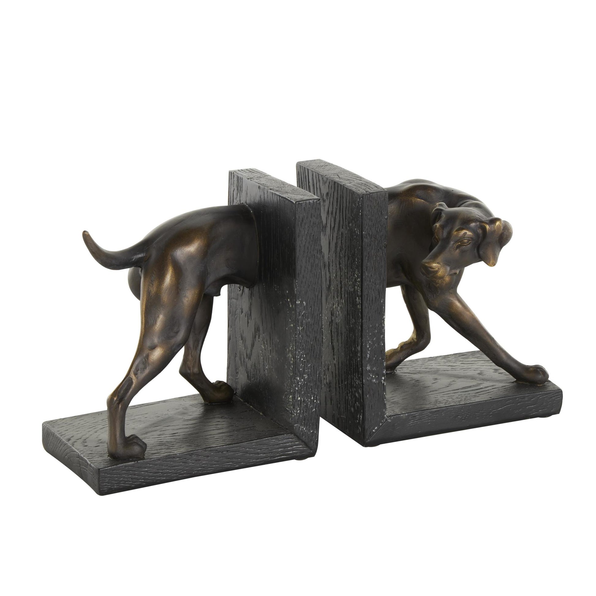 Set of 2 Dog Black Polystone Greyhound Decorative Bookends with Gold Accents and Black Stands
