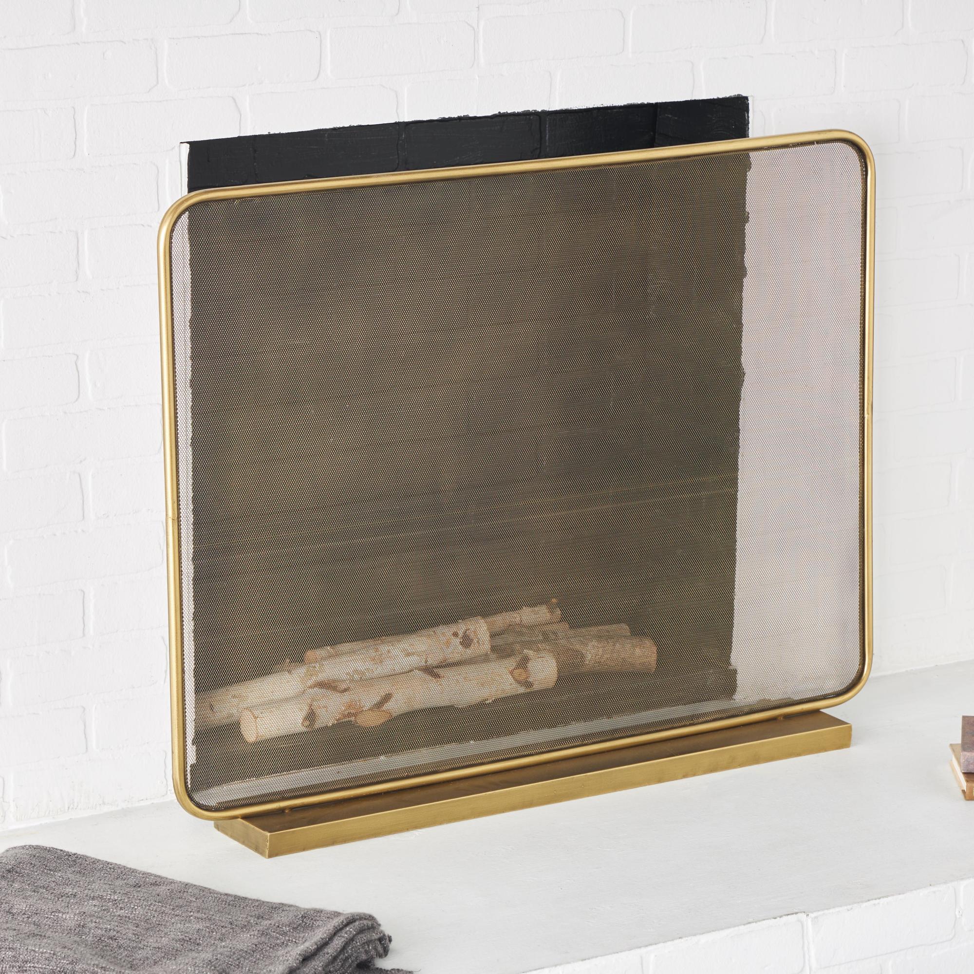Geometric Gold Metal 1 Panel Living Room Fireplace Screen with Rounded Edges and Rectangular Base
