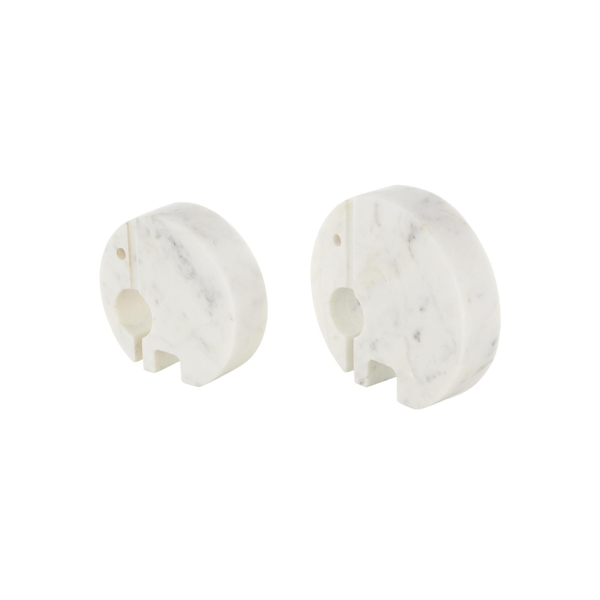 Set of 2 Elephant White Marble Circular Abstract Decorative Sculpture with Gray Marble Veins and Cutouts