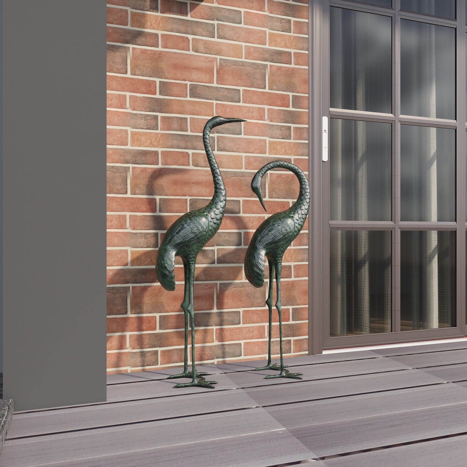 Set of 2 Crane Green Aluminum Metal Tall Indoor Outdoor Decorative Garden Sculpture