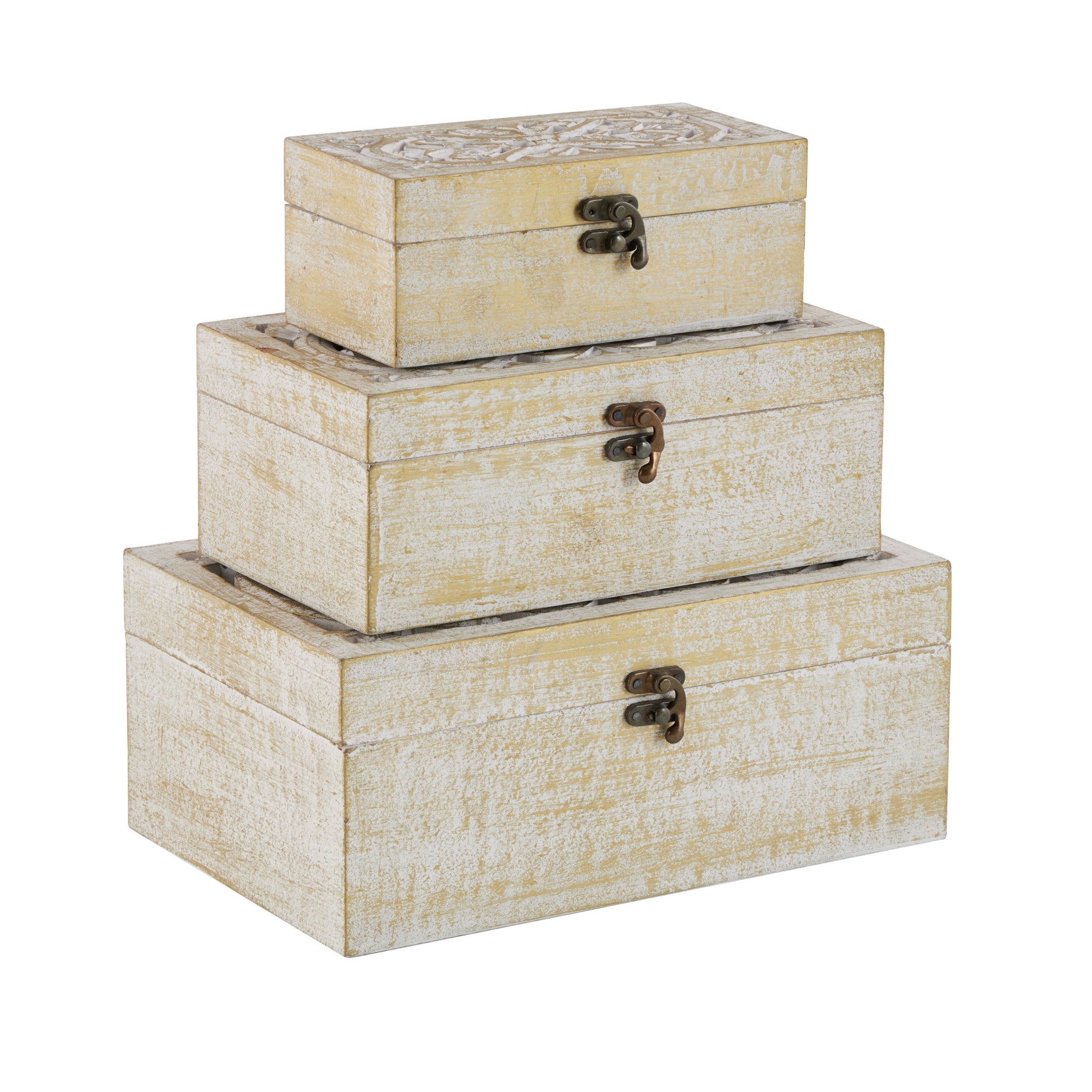 Set of 3 Floral White Mango Wood Handmade Decorative Box with Hinged Lid