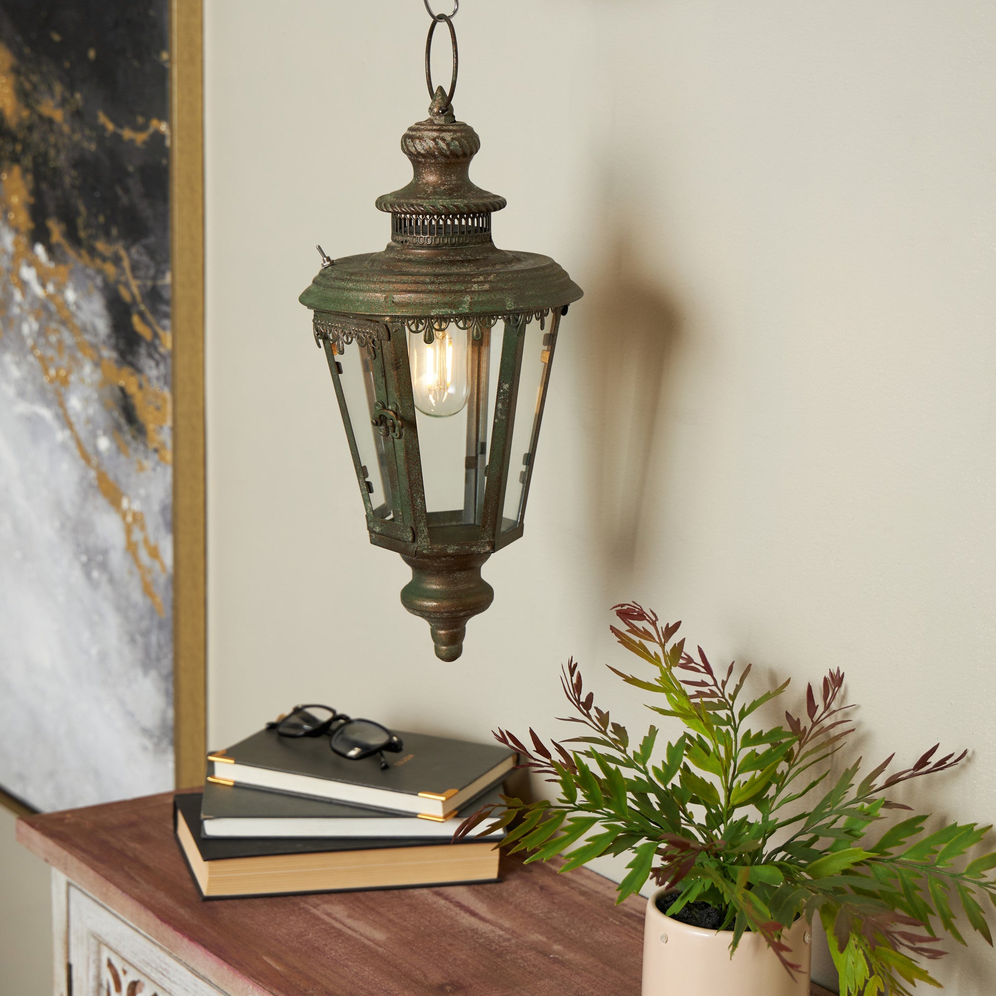 Floral Brown Metal Lighthouse Style Decorative Indoor Outdoor Candle Lantern with Ring Handle