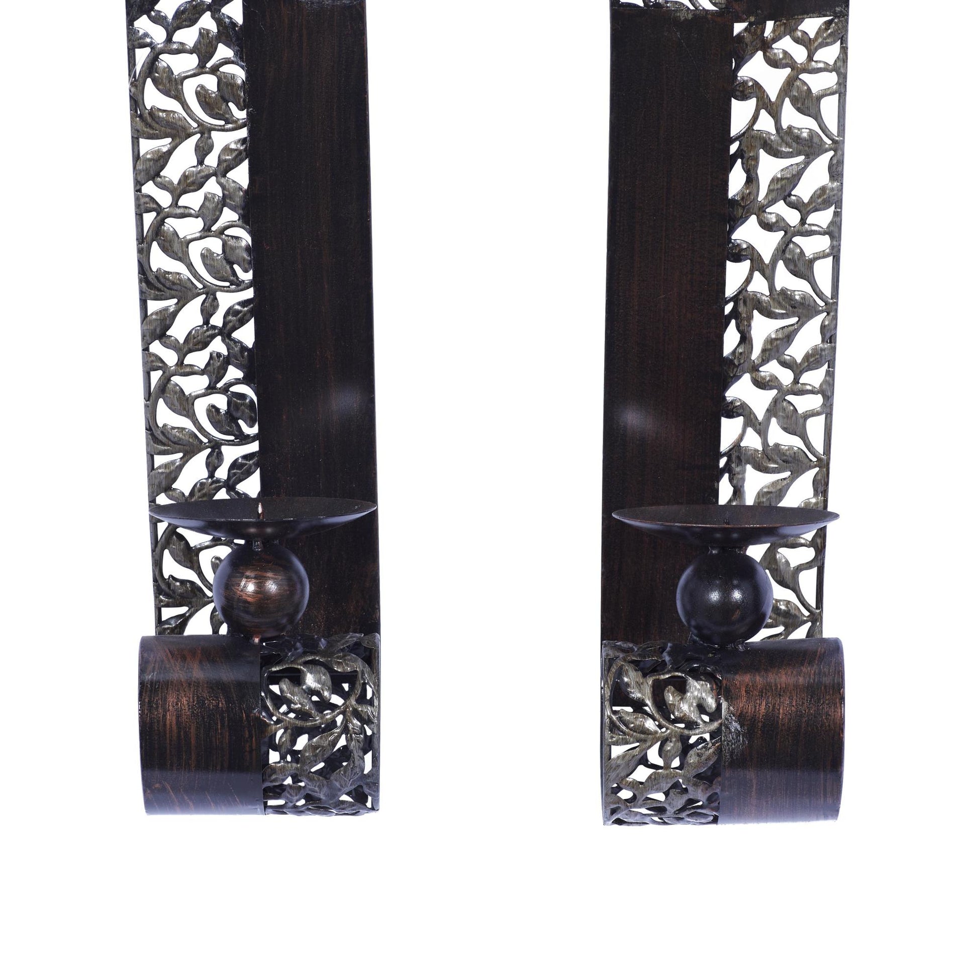 Set of 2 Leaf Brown Metal Cutout Indoor Outdoor Wall Sconce with Scrolled Edges