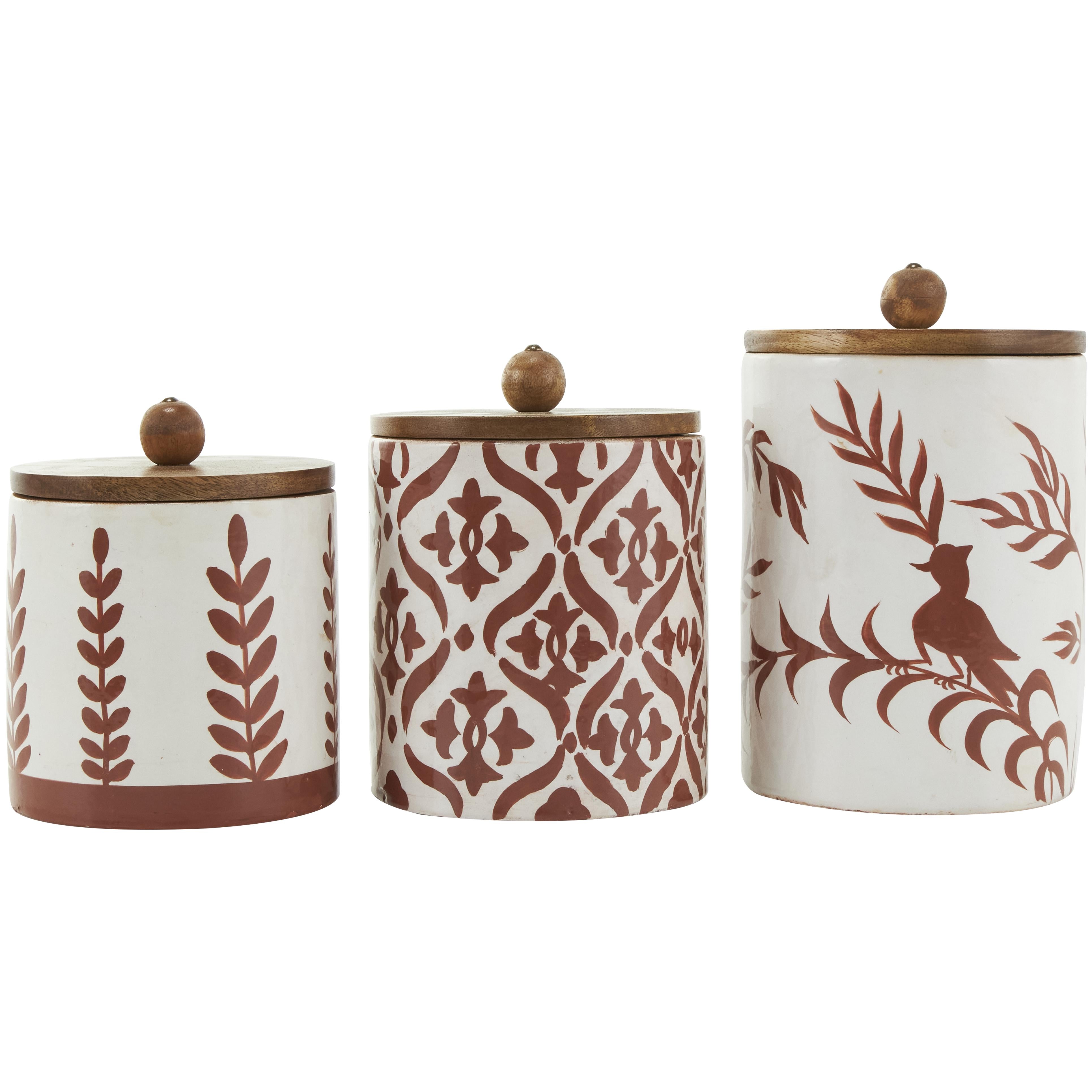 Set of 3 Floral Ceramic Decorative Canisters with Wood Lids