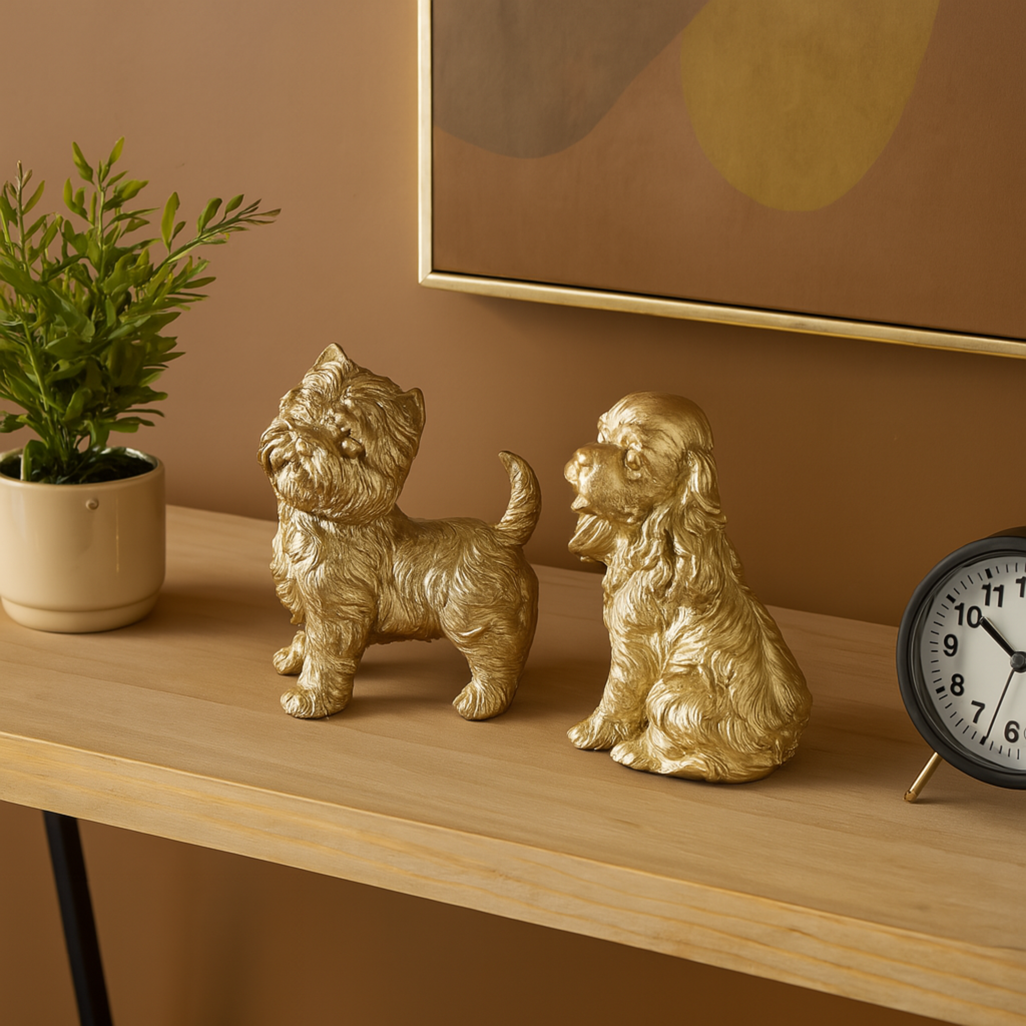 Set of 2 Dog Gold Polystone Sitting and Standing Decorative Sculpture