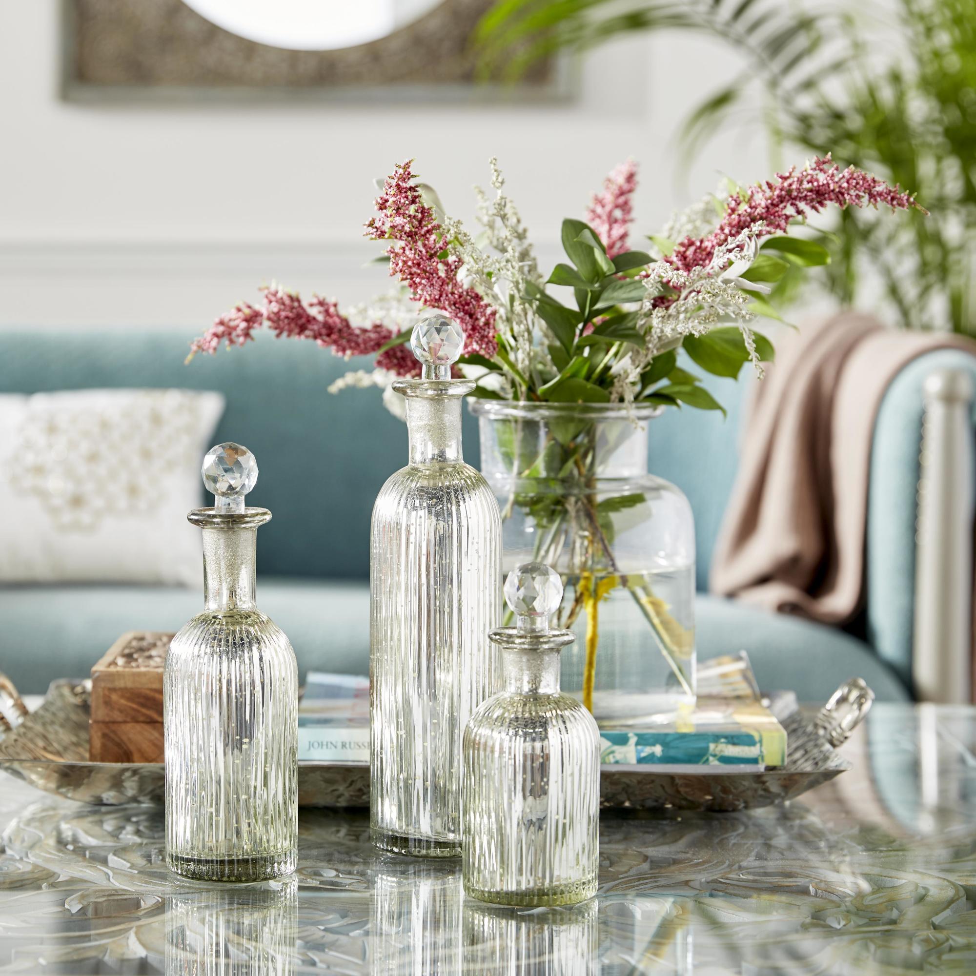 Set of 3 Silver Glass Slim Bottle Living Room Decorative Jars with Crystal Toppers