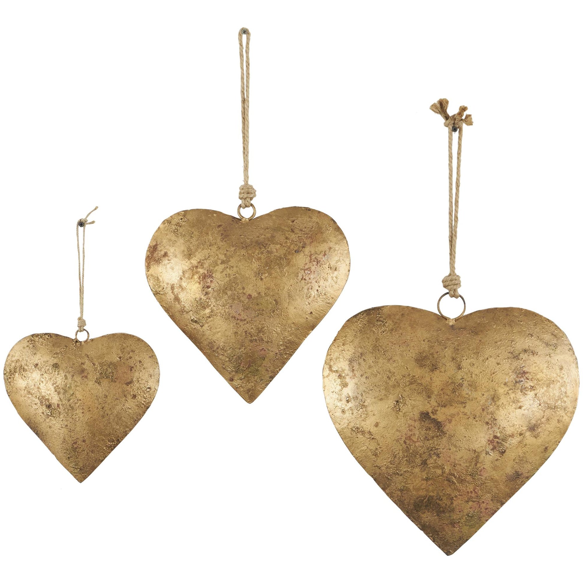 Set of 3 Heart Metal Tibetan Inspired Weathered Indoor Outdoor Decorative Bells with Jute Hanging Rope