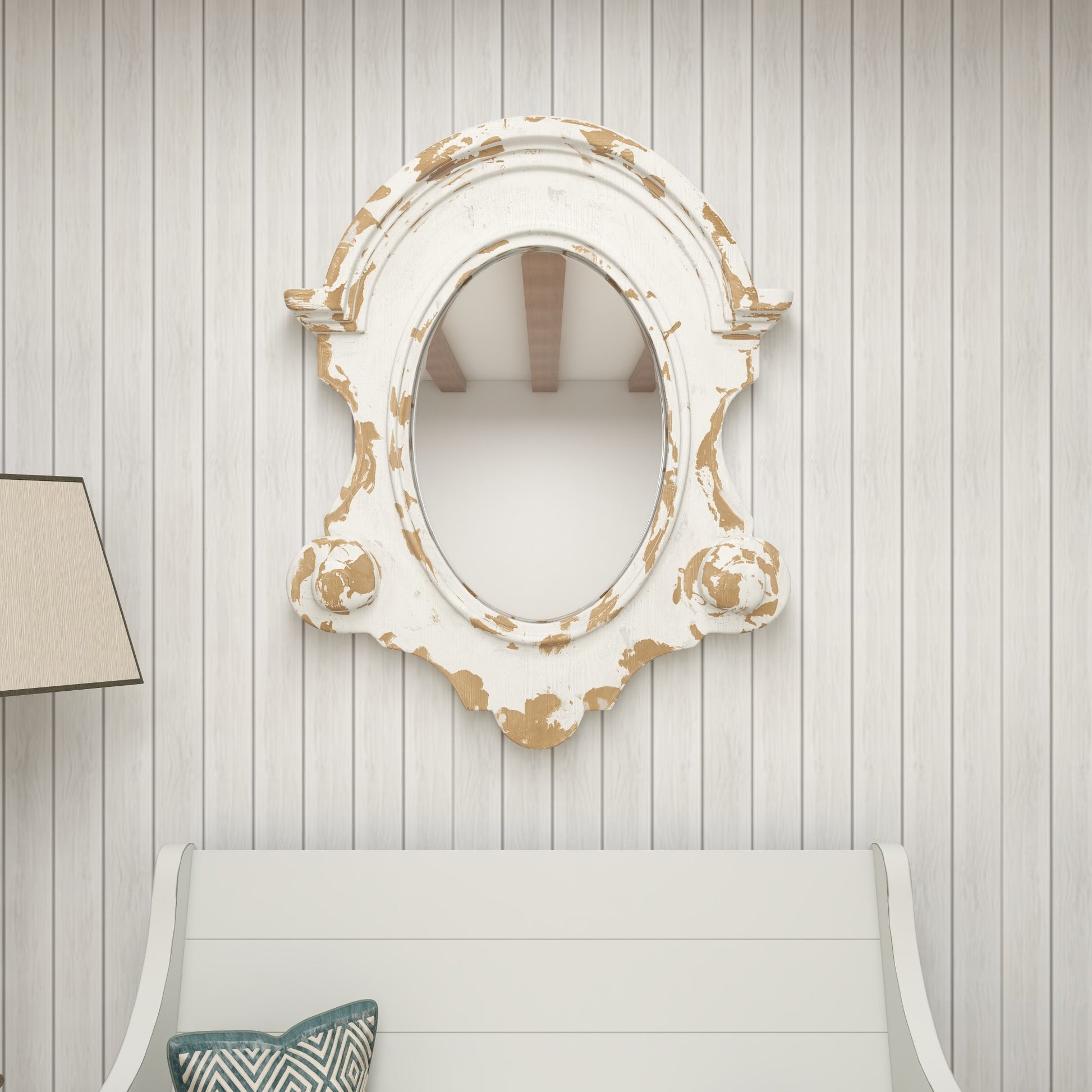 Scroll White Fiberglass Distressed Antique Arched Oval Room Wall Mirror