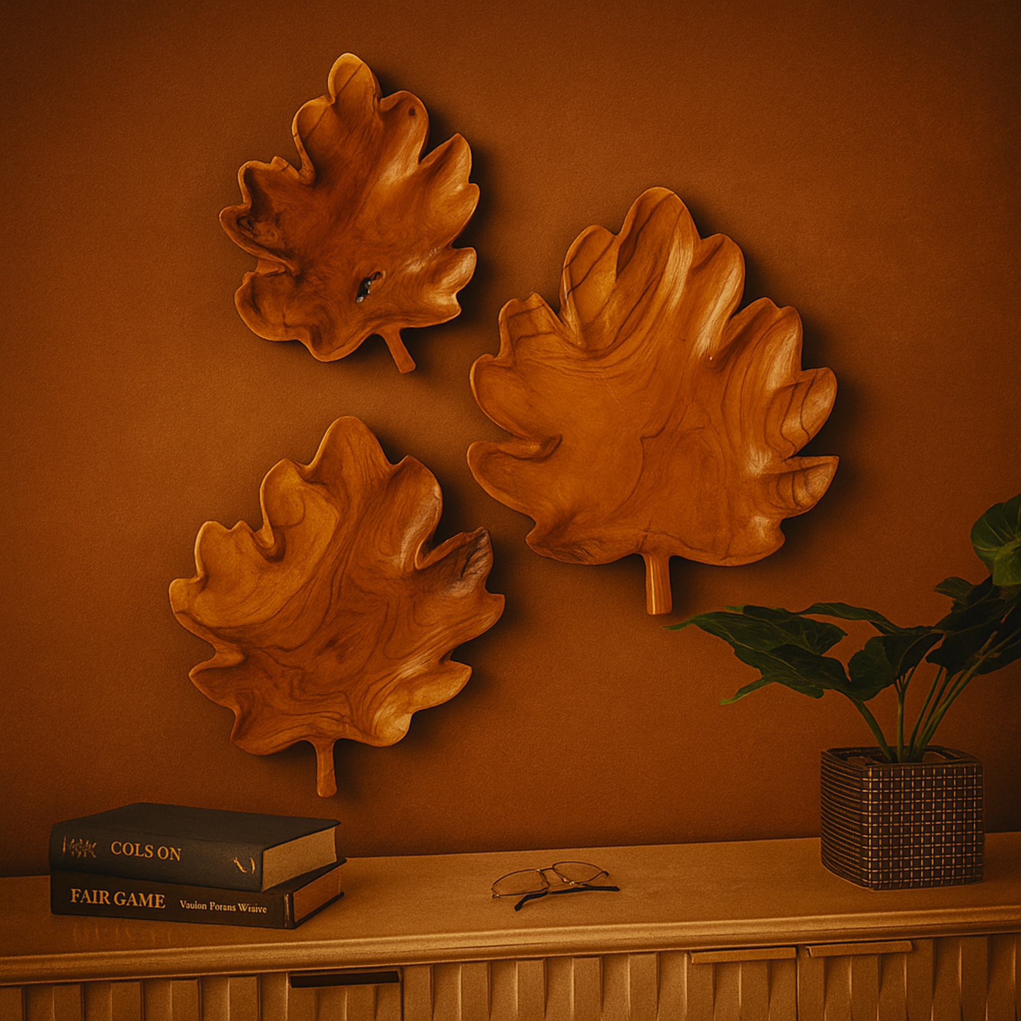 Set of 3 Leaf Brown Teak Wood Handmade Carved Living Room Decor Tray