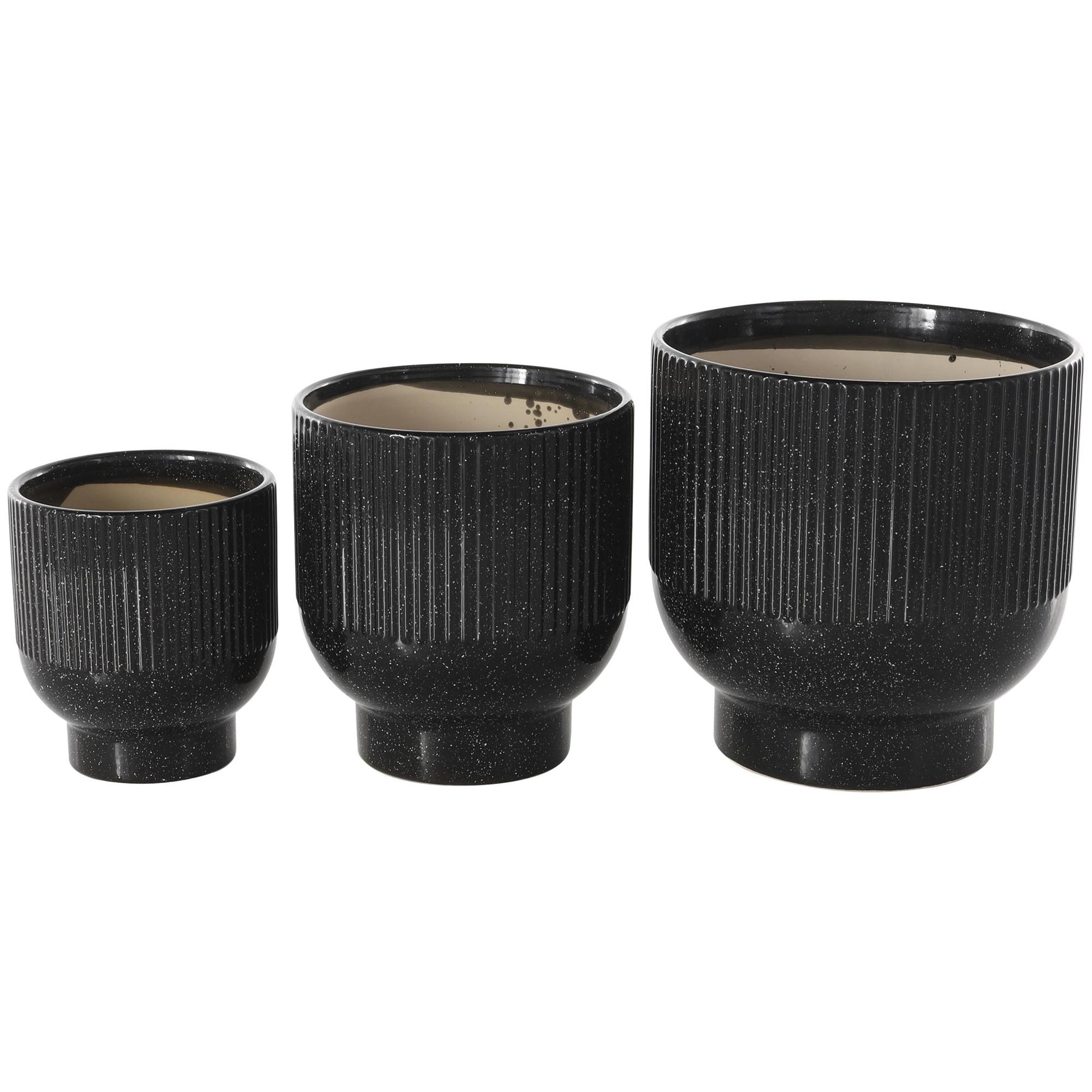 Set of 3 Ceramic Speckled Indoor Outdoor Planter with Linear Grooves and Tapered Bases Set of 3 9", 8", 6"H