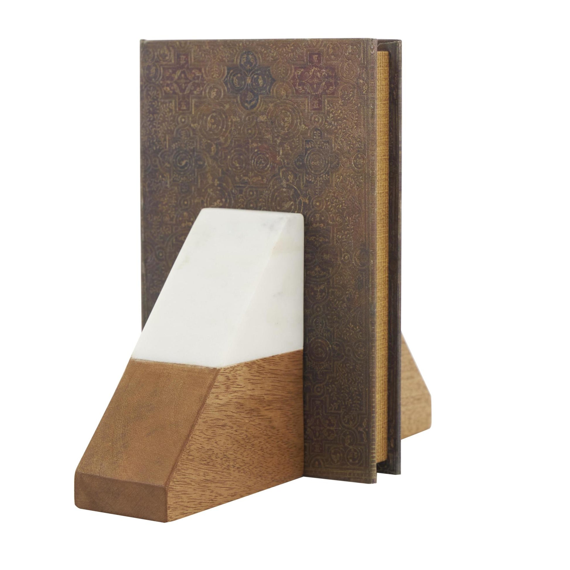 Set of 2 Geometric Brown Mango Wood Triangle 3 lbs Decorative Bookends with White Marble Tops